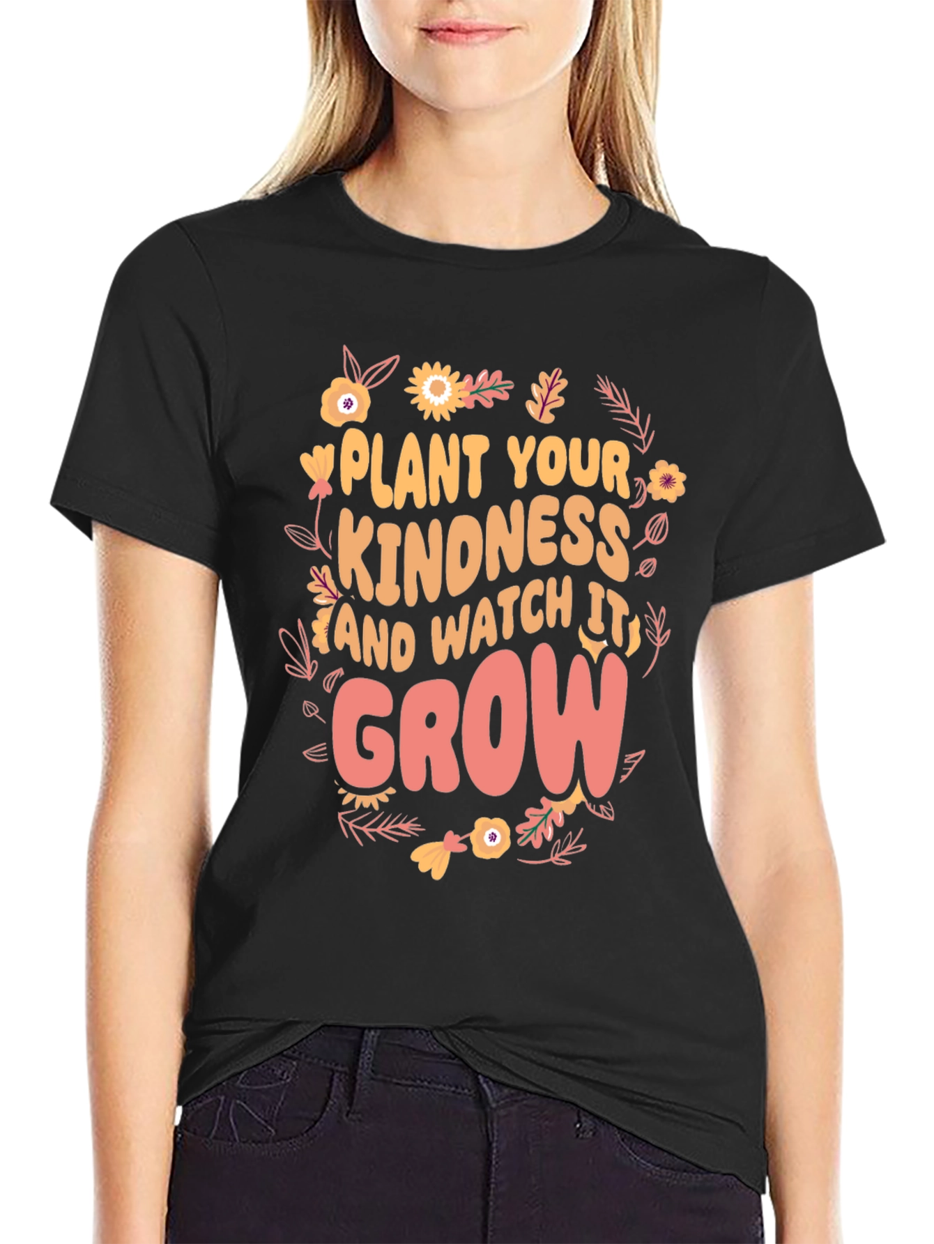 Black Kindness Grow T-Shirt - Floral Design view 2