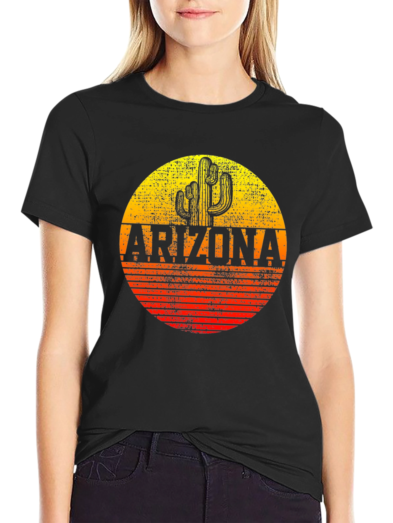 Black Arizona Cactus Graphic T-Shirt - Retro Sunset Design view 2