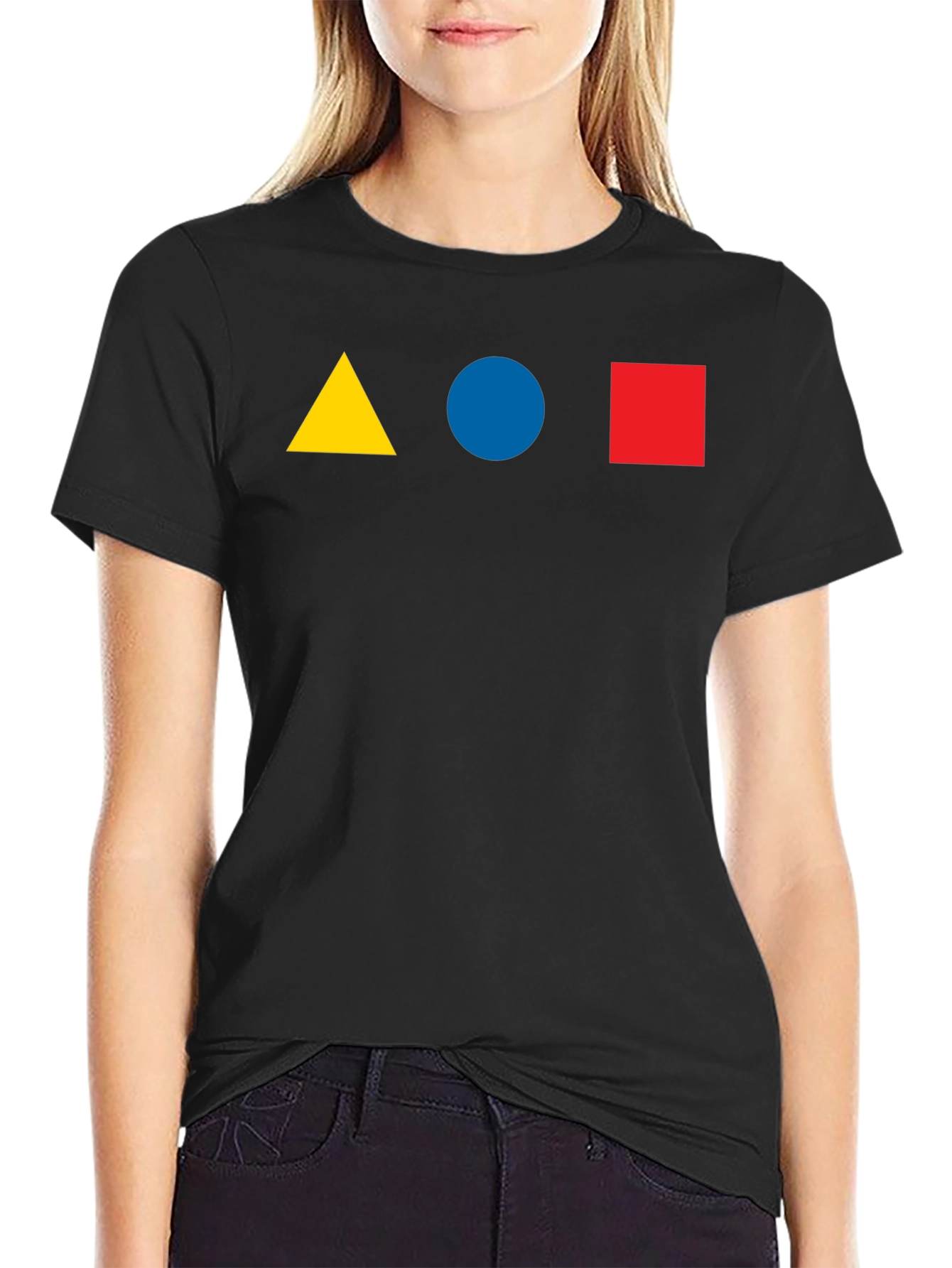 Black Geometric Shapes T-Shirt - Triangle, Circle, Square Design view 2