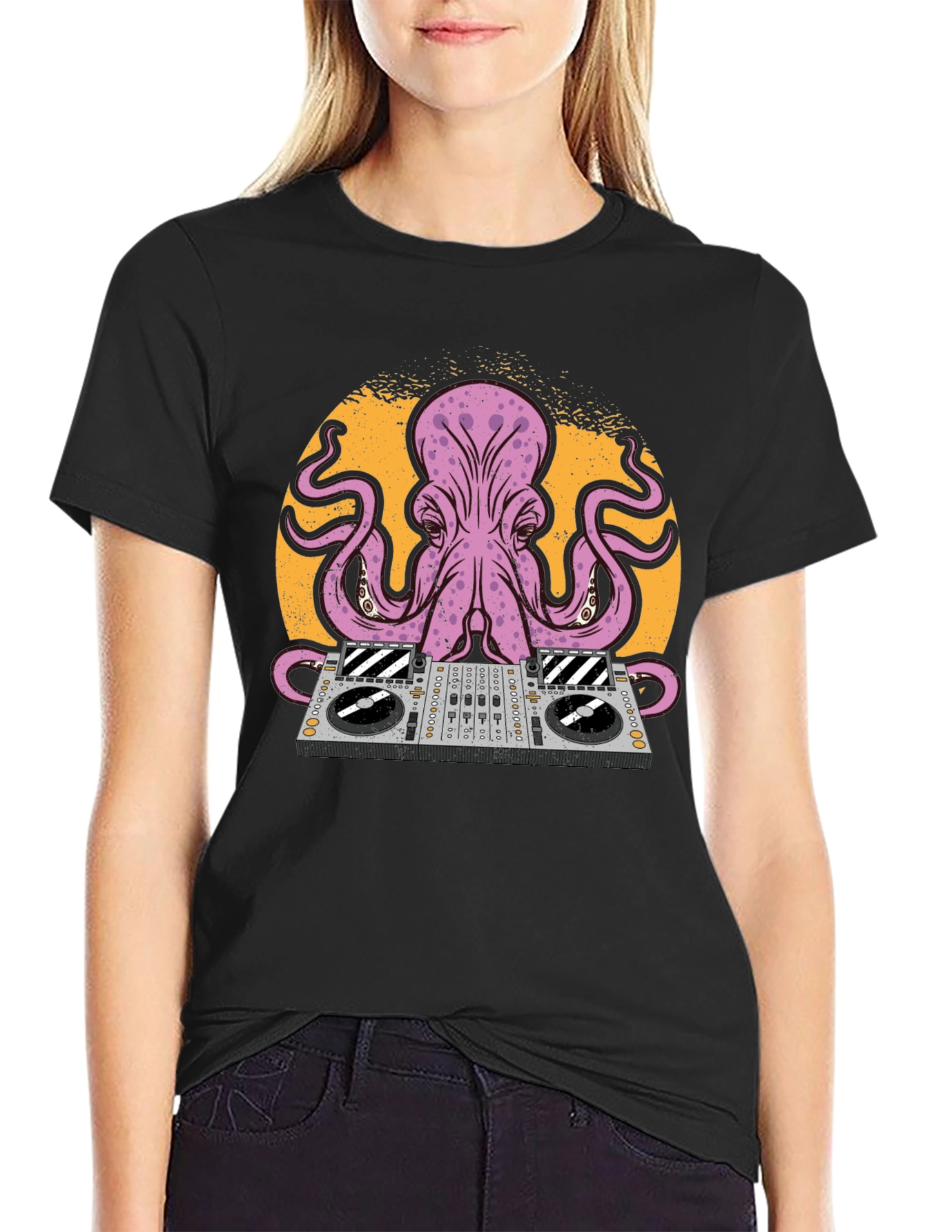 Black DJ Octopus Graphic Tee - Black Cotton T-Shirt view 2
