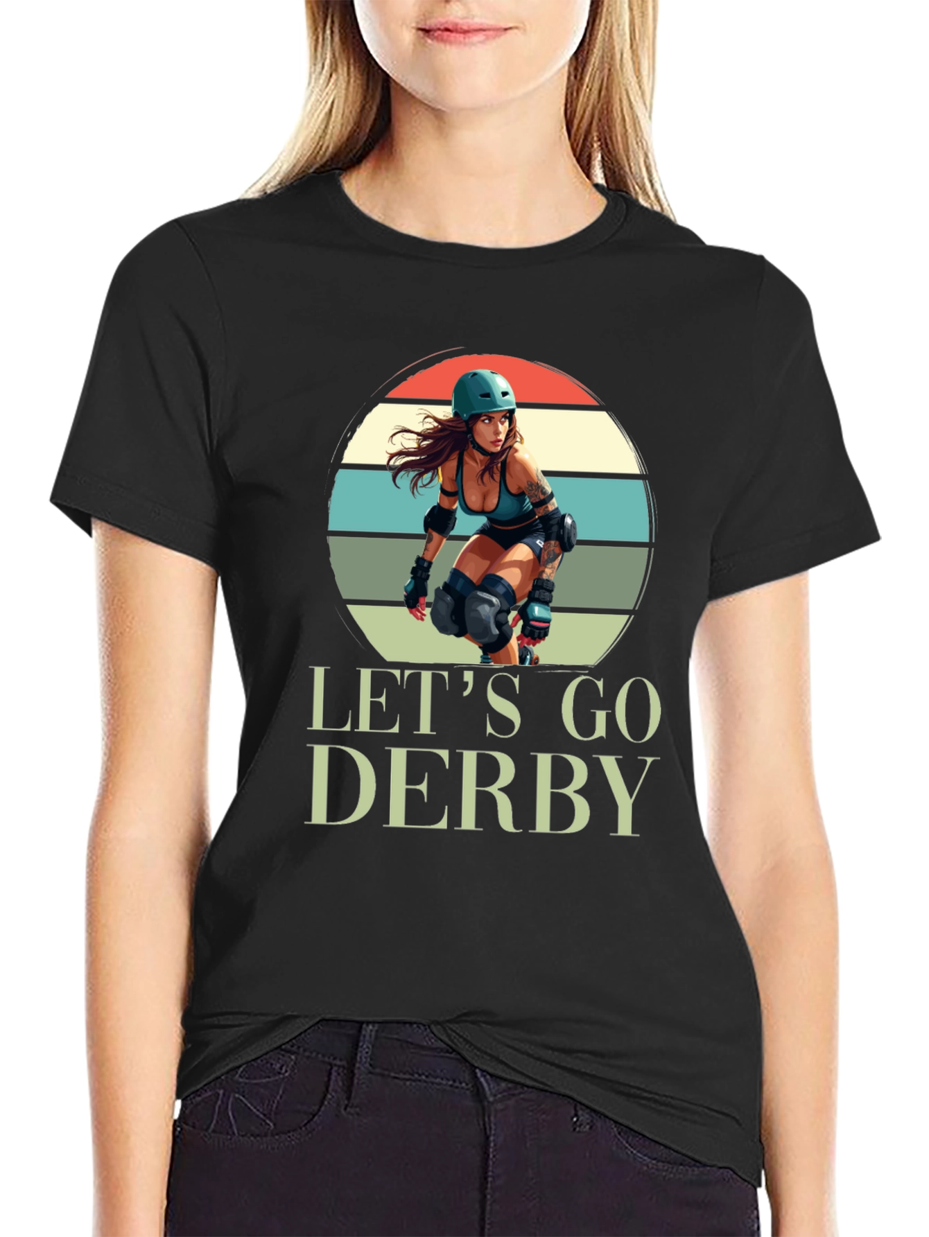 Black Let's Go Derby T-Shirt Roller Girl Retro Style view 2
