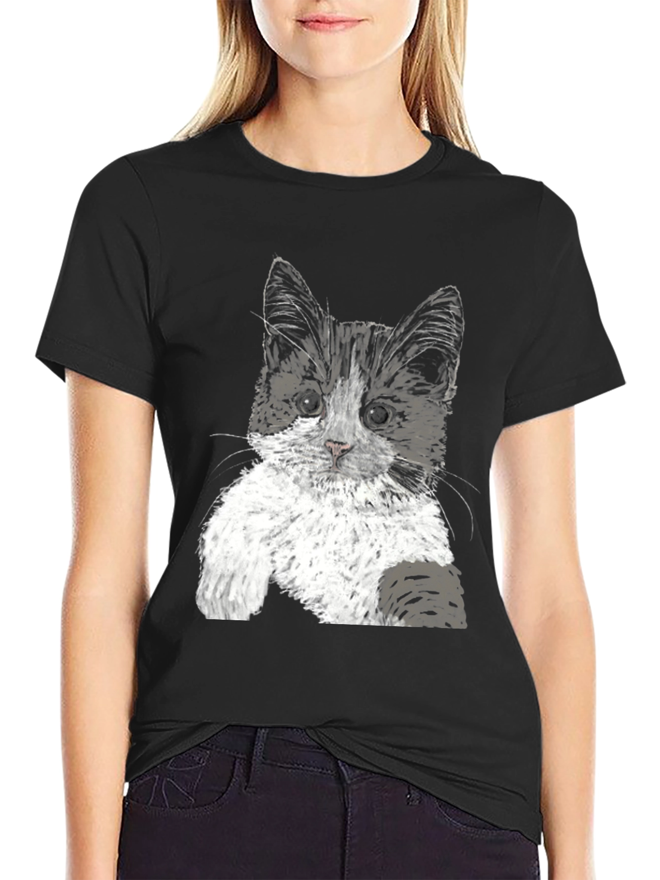 Black Cute Kitten Graphic Tee - Black Cotton T-Shirt view 2