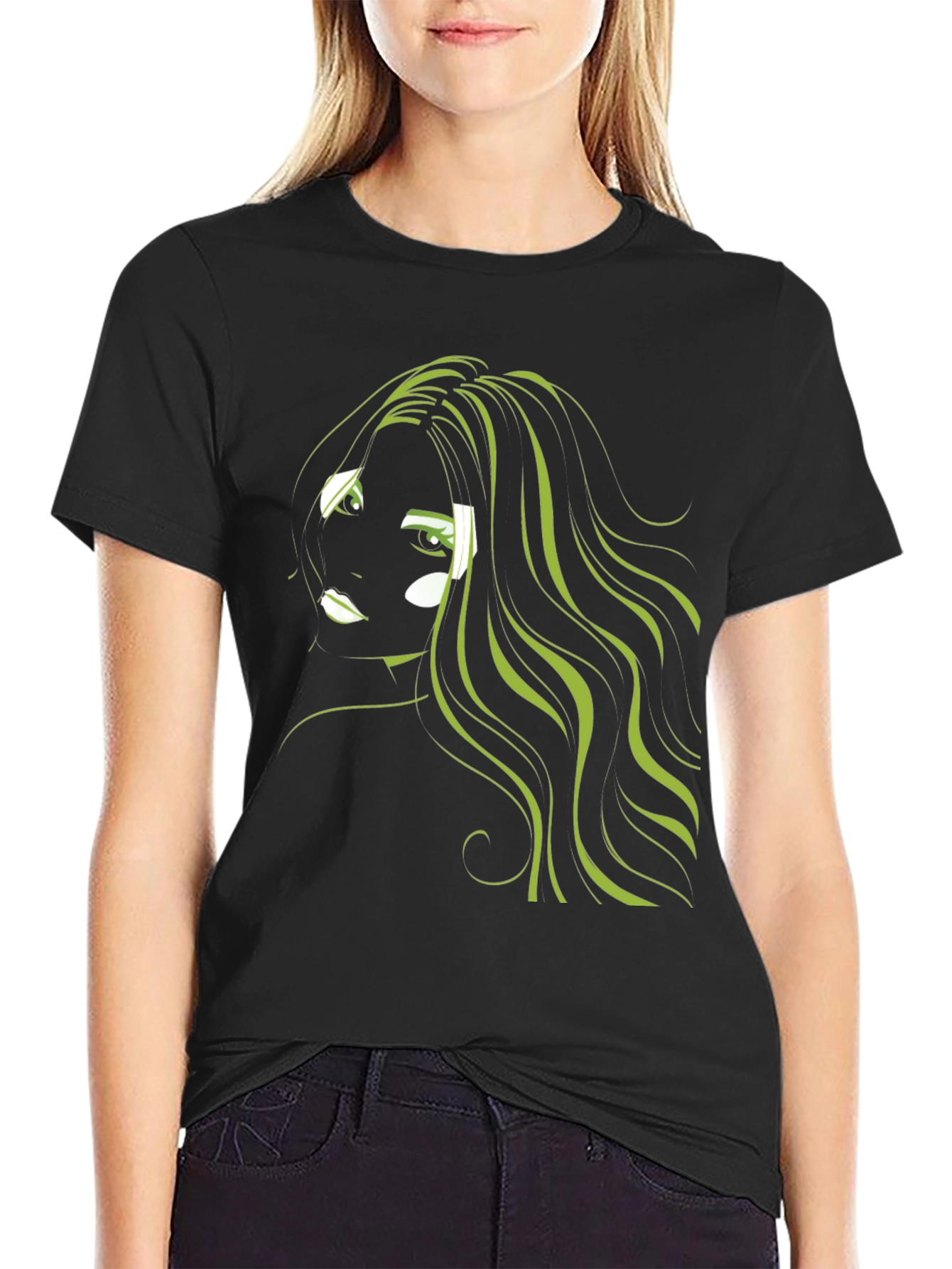 Black Graphic T-Shirt: Green Hair Anime Style view 2