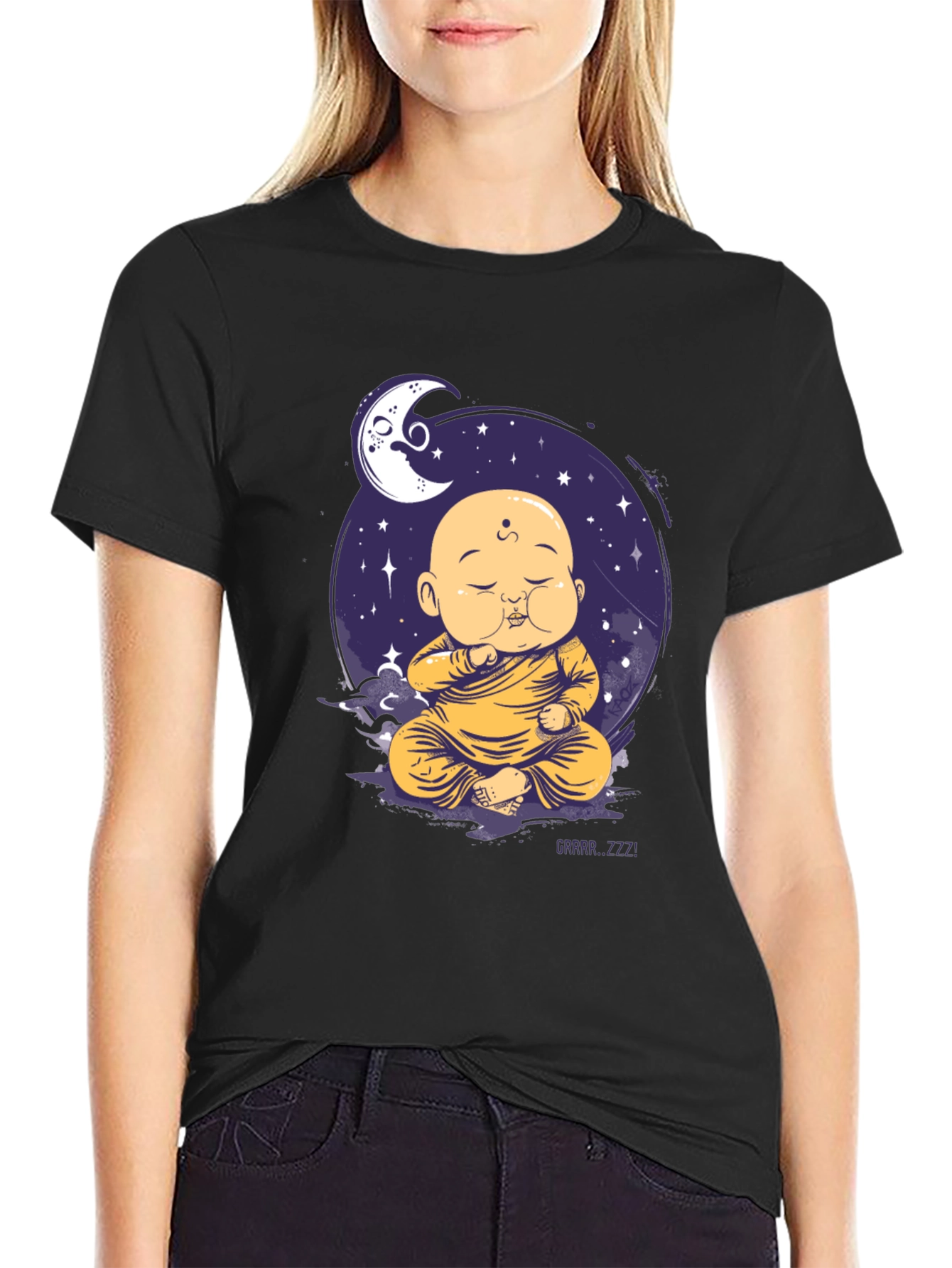 Black Zen Monk Moon T-Shirt - Sleepy Buddha Design view 2