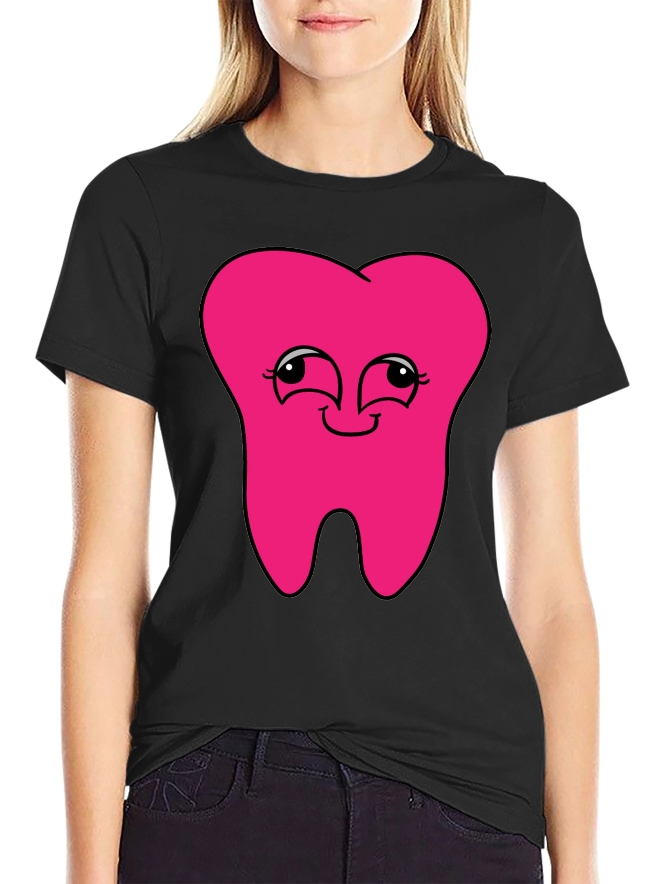 Black Funny Pink Tooth Graphic T-Shirt view 2
