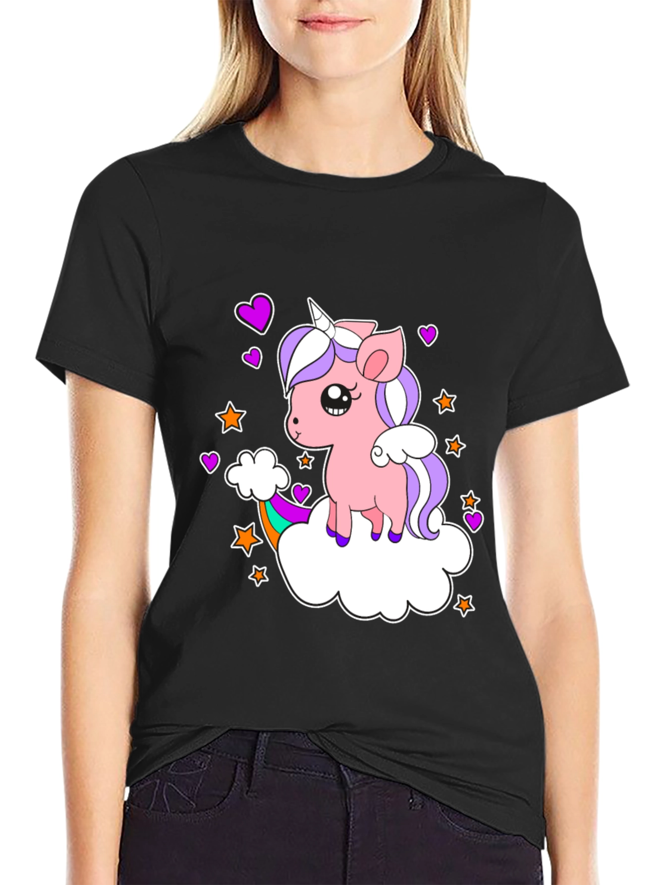 Black Cute Unicorn T-Shirt: Whimsical Rainbow Design view 2