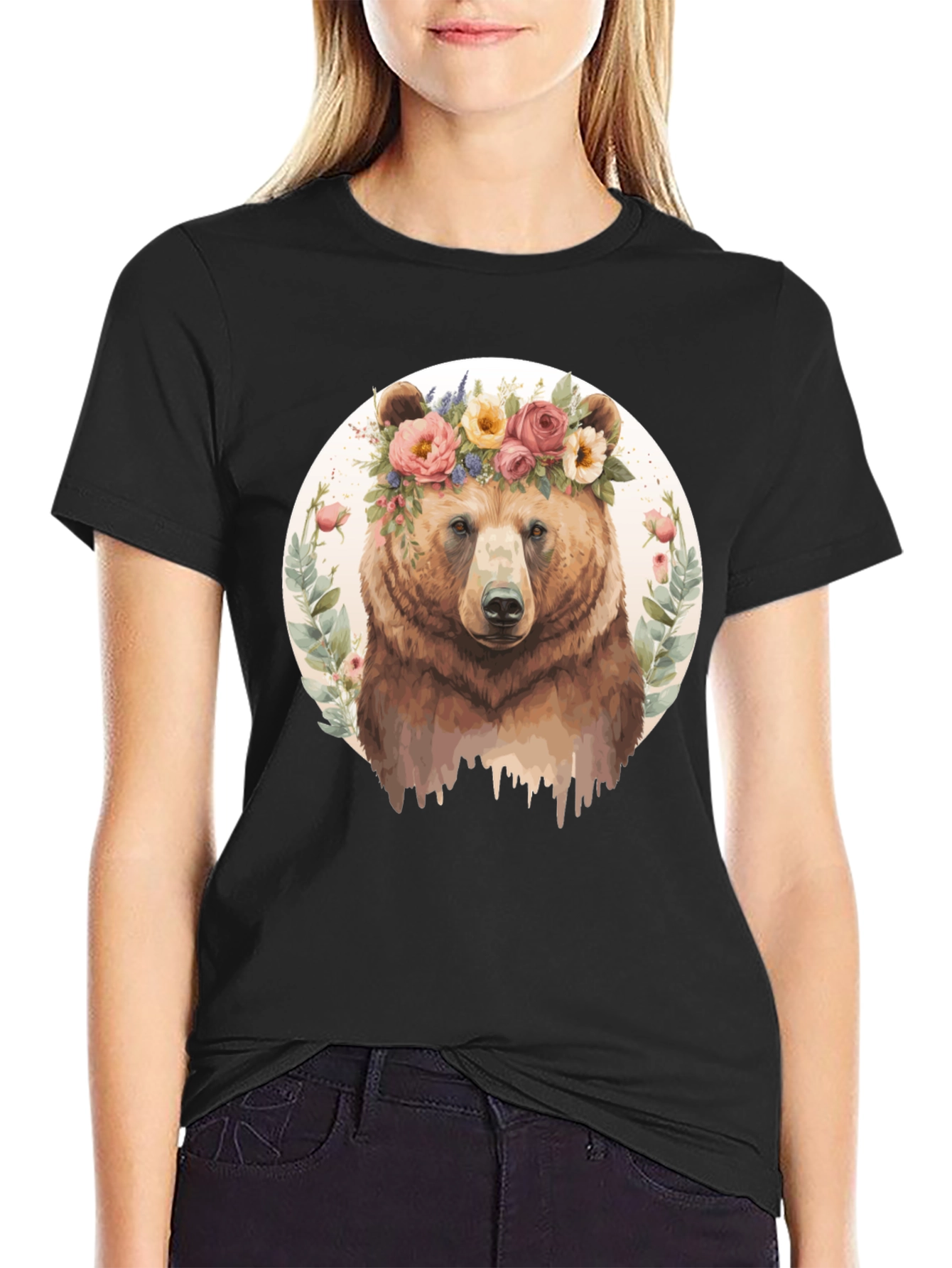 Black Floral Bear Graphic Tee - Men's Black T-Shirt view 2