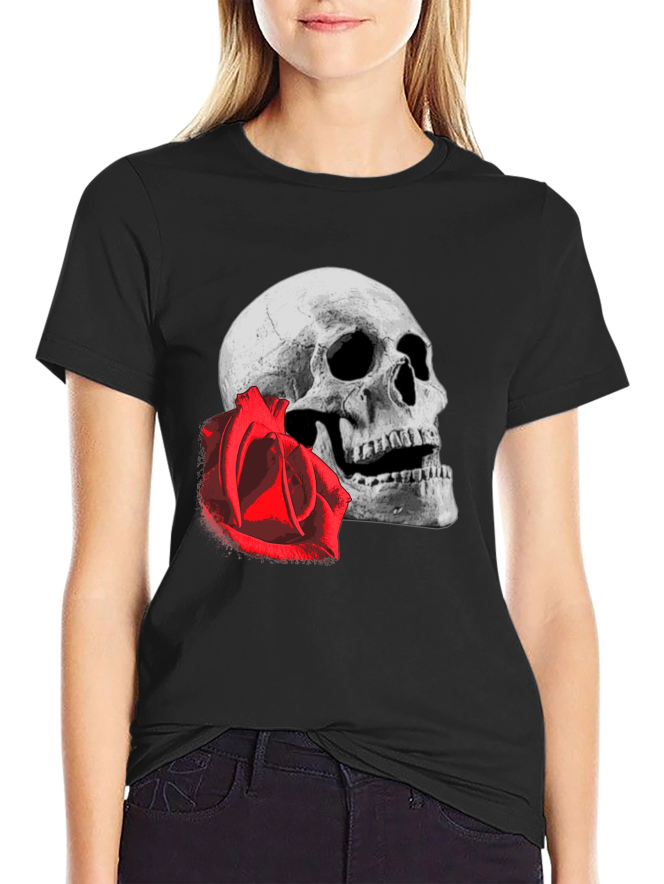 Black Skull & Rose Graphic Tee - Edgy Black T-Shirt view 2