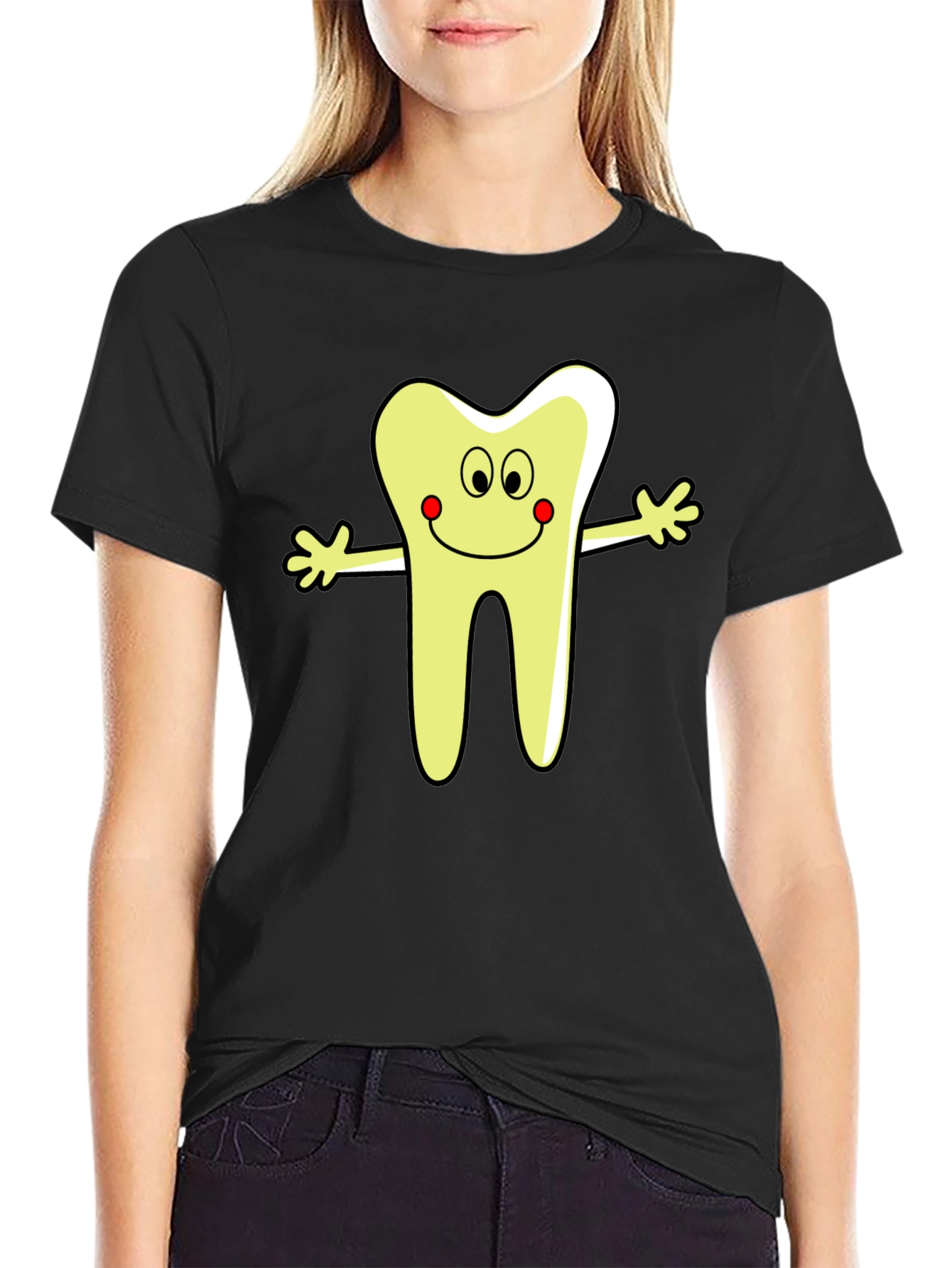 Black Cartoon Tooth Graphic T-Shirt - Black Cotton Tee view 2