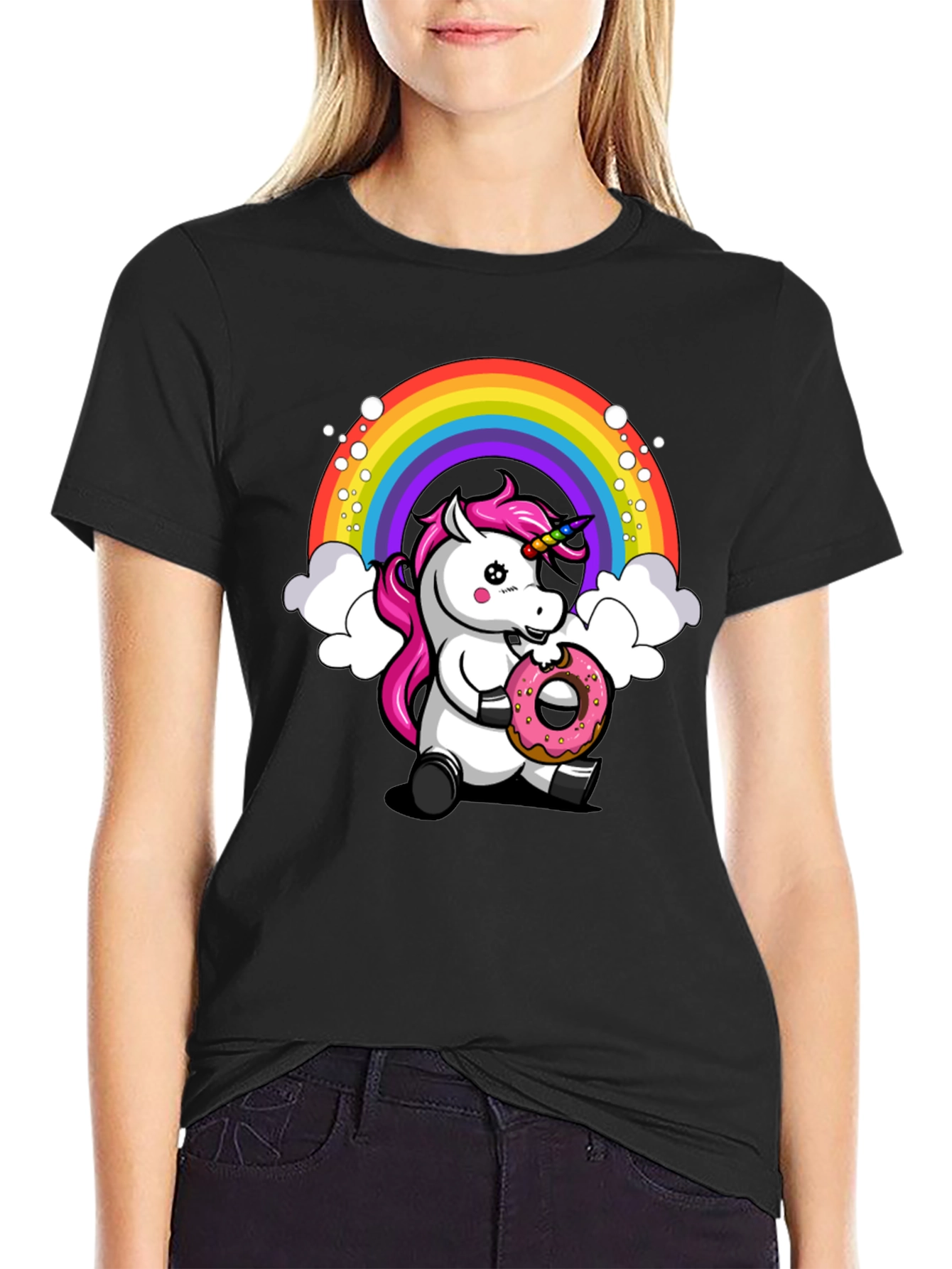 Black Unicorn Donut T-Shirt - Rainbow Graphic Tee view 2