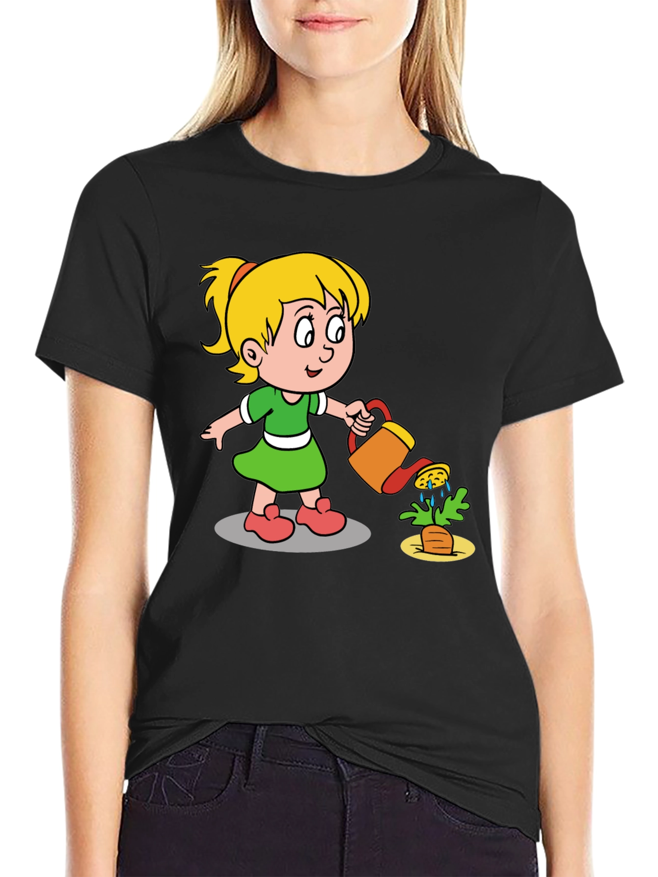 Black Cartoon Girl Gardening T-Shirt view 2