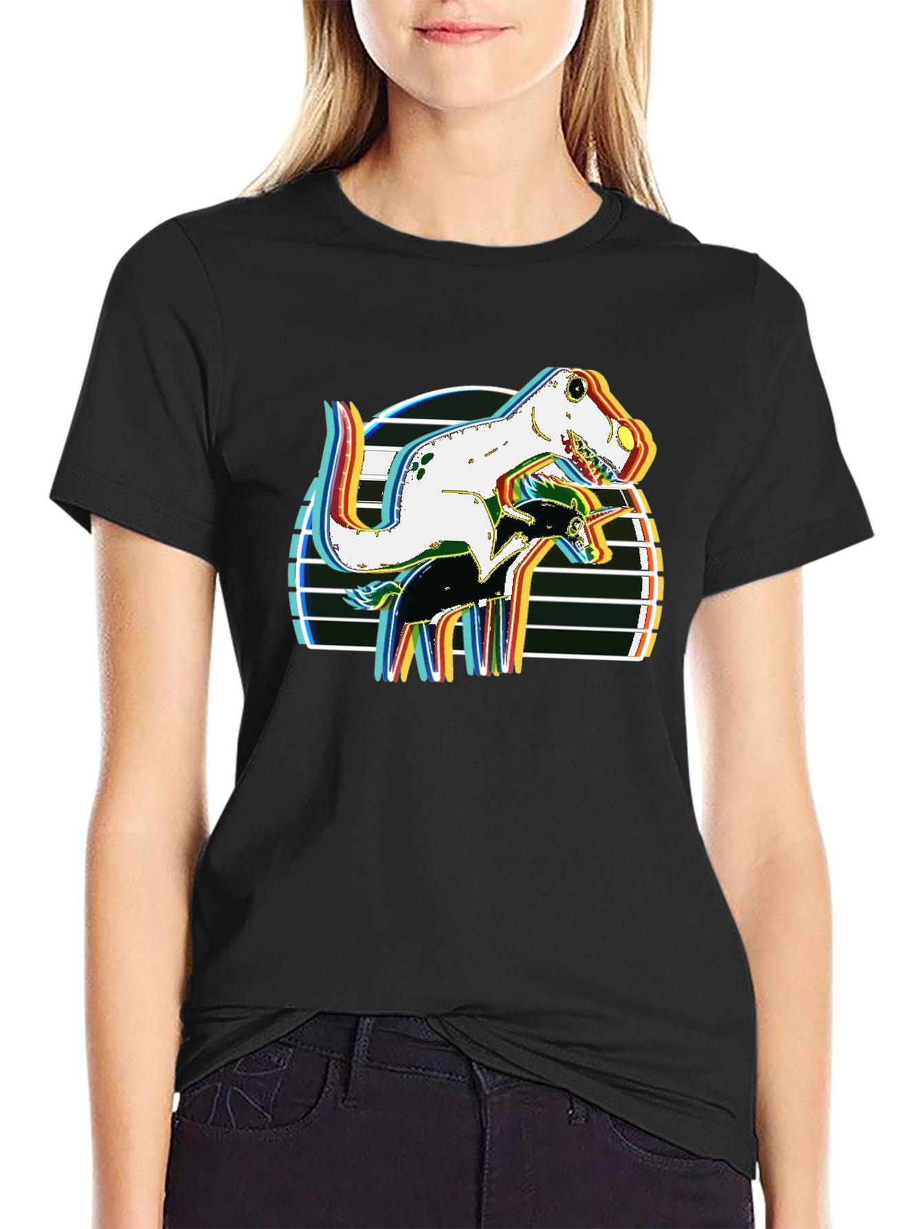 Black Dino Riding Unicorn Retro Style Graphic T-Shirt view 2