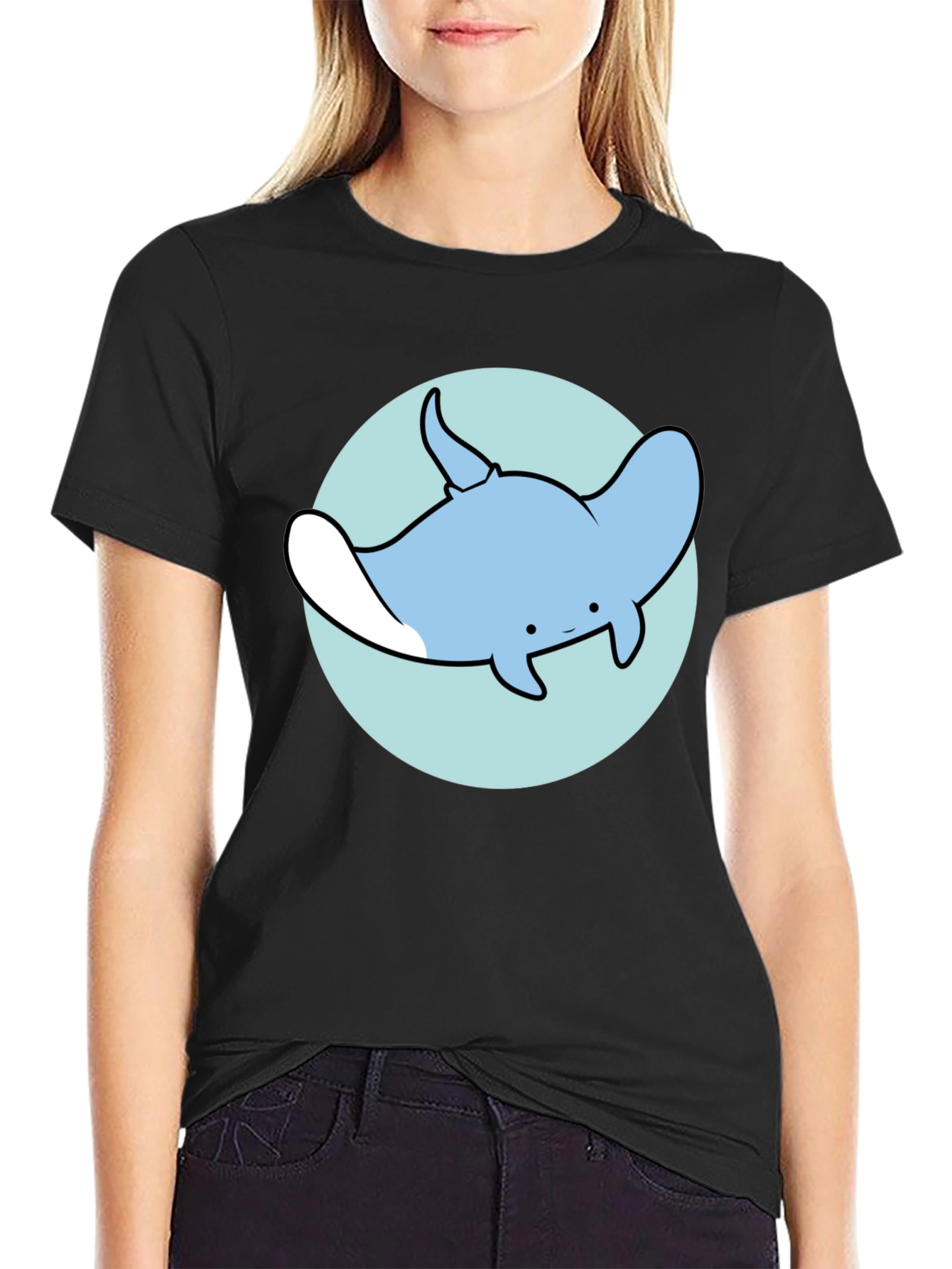 Black Cartoon Manta Ray Graphic Tee - Casual Black T-Shirt view 2