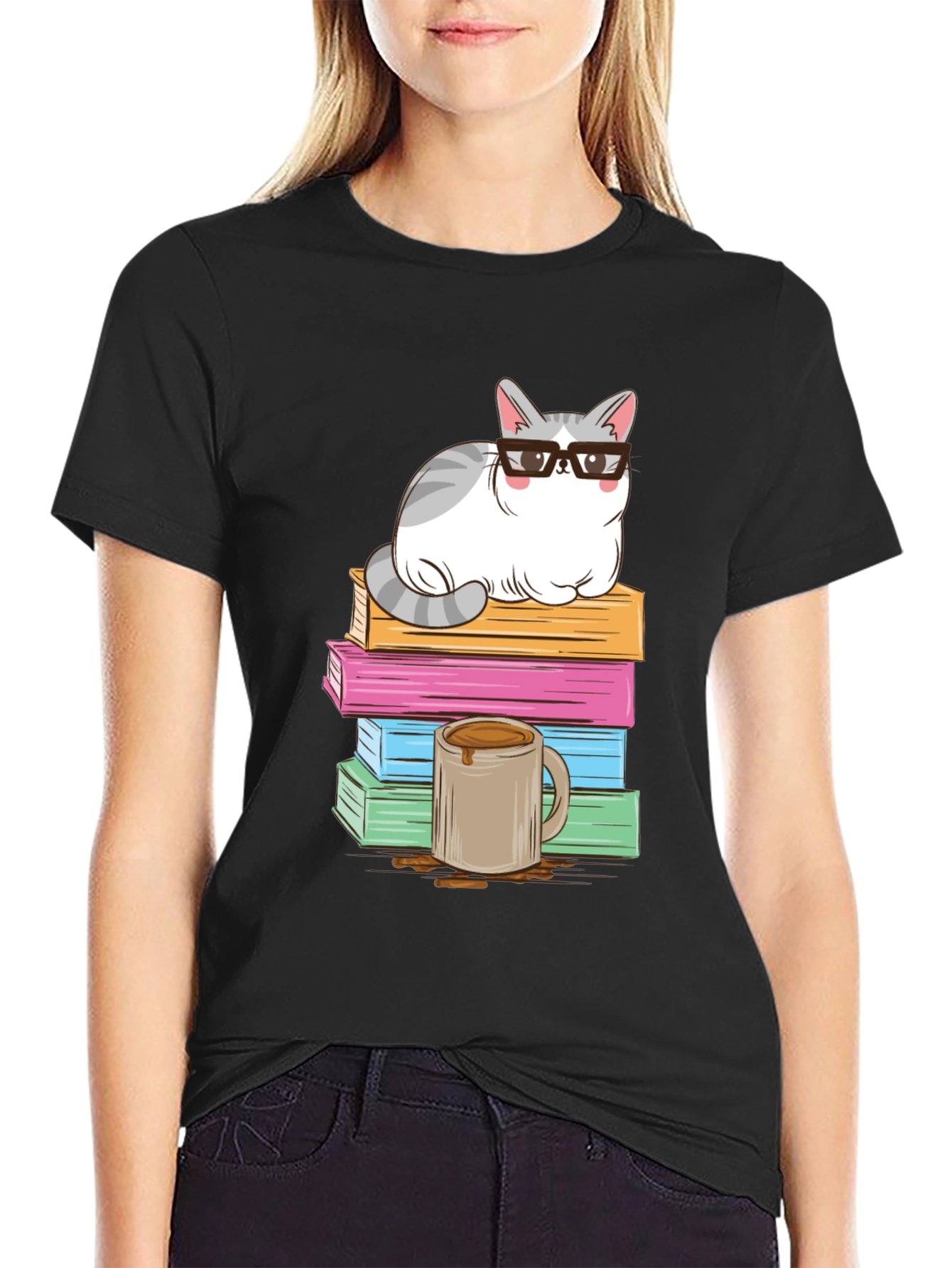 Black Cat with Glasses on Books T-Shirt view 2