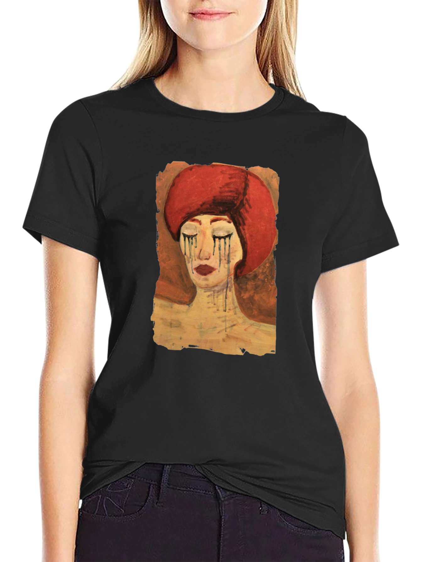 Black Artistic Woman Graphic Tee - Black Casual T-Shirt view 2