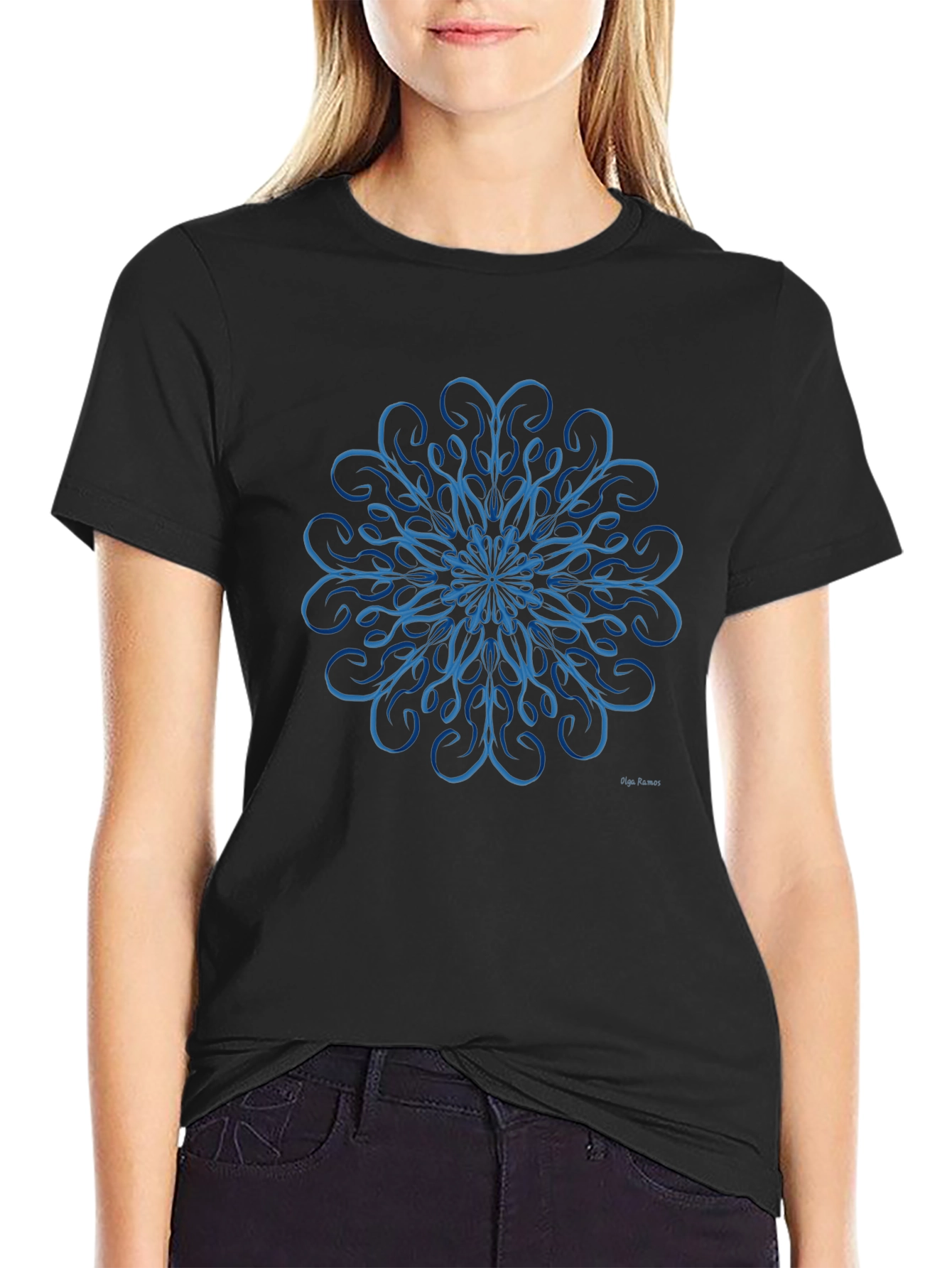 Black Blue Swirl Mandala Design Black T-Shirt view 2