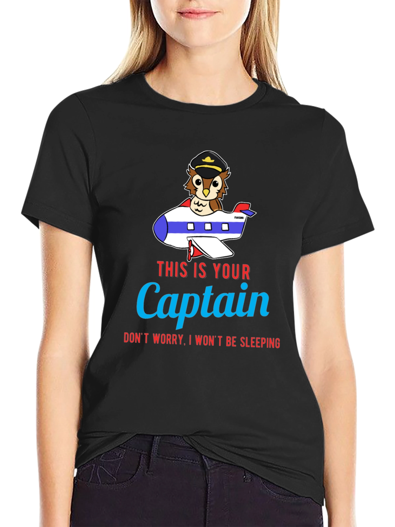 Black Owl Captain Airplane T-Shirt - Funny Pilot Tee view 2