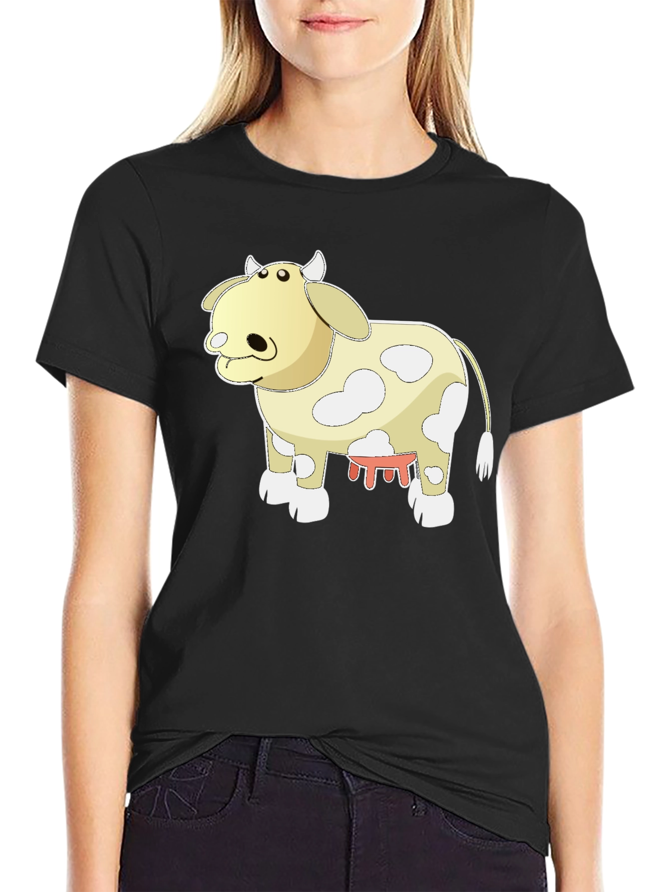 Black Cartoon Cow Graphic Tee - Black Cotton T-Shirt view 2