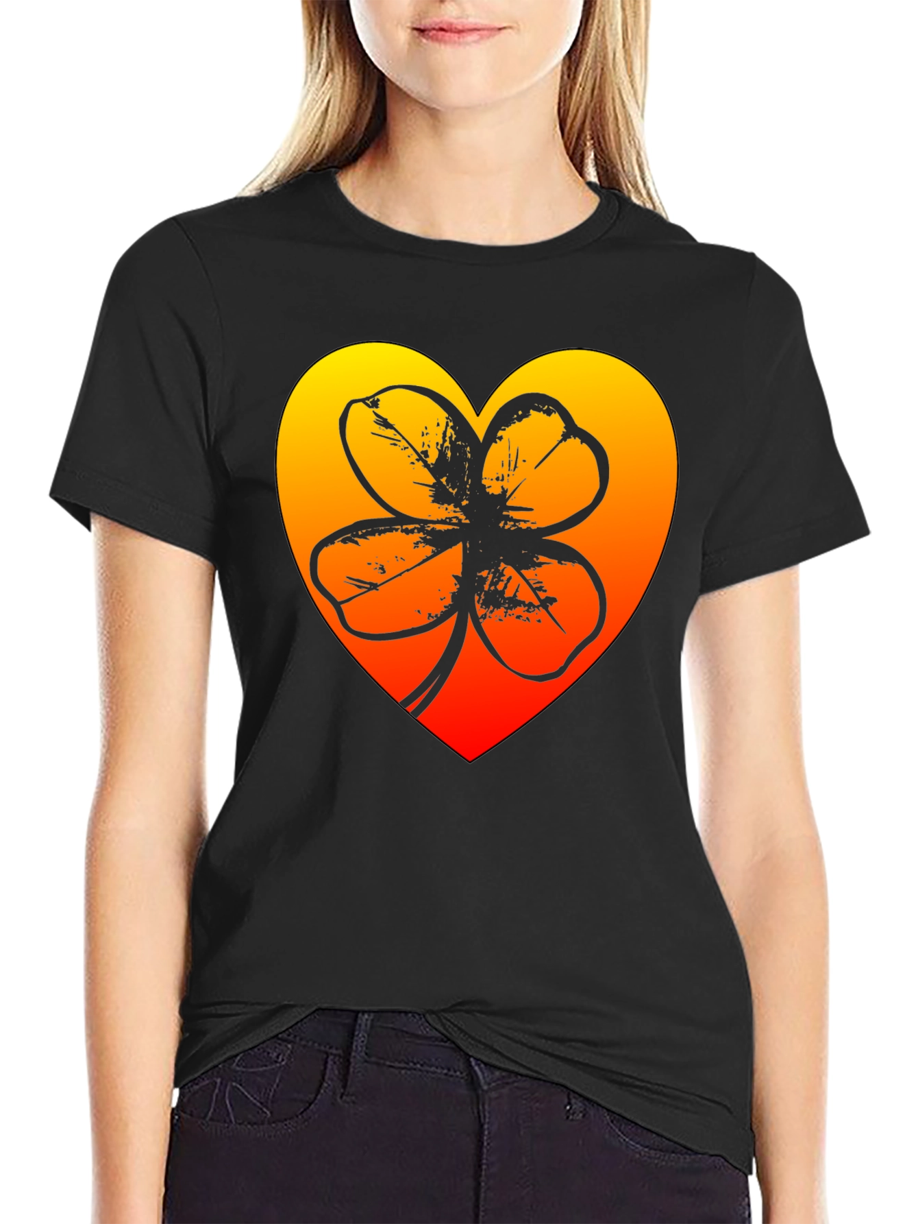 Black Lucky Heart Clover T-Shirt - Black view 2