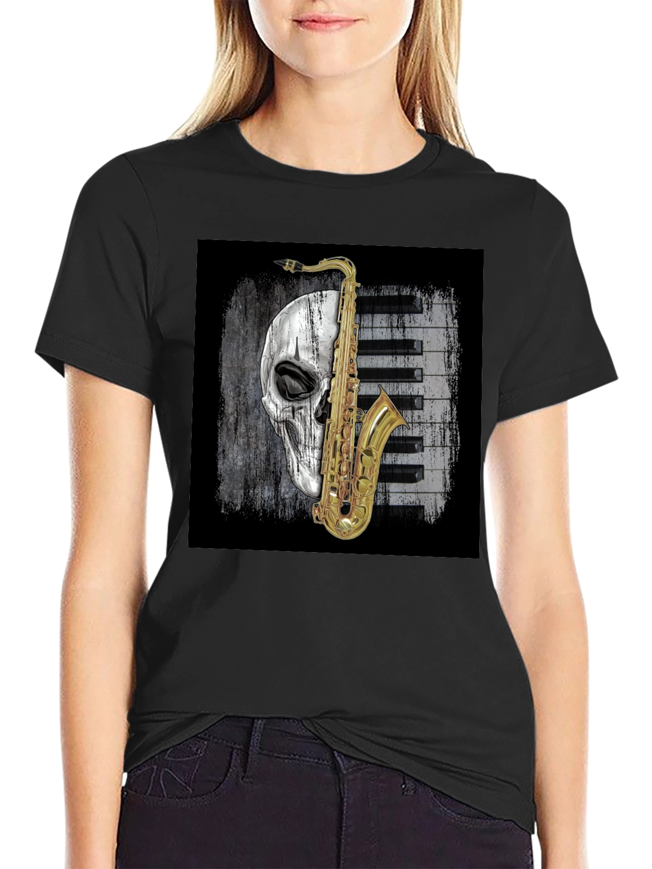 Black Skull Saxophone Graphic Tee view 2