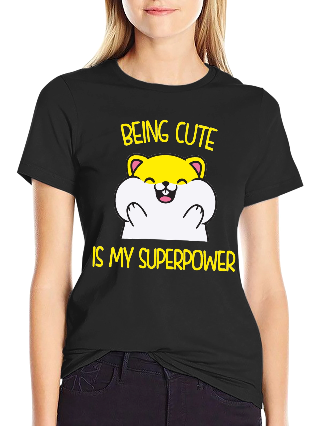 Black Cute Hamster Superpower T-Shirt - Funny Graphic Tee view 2