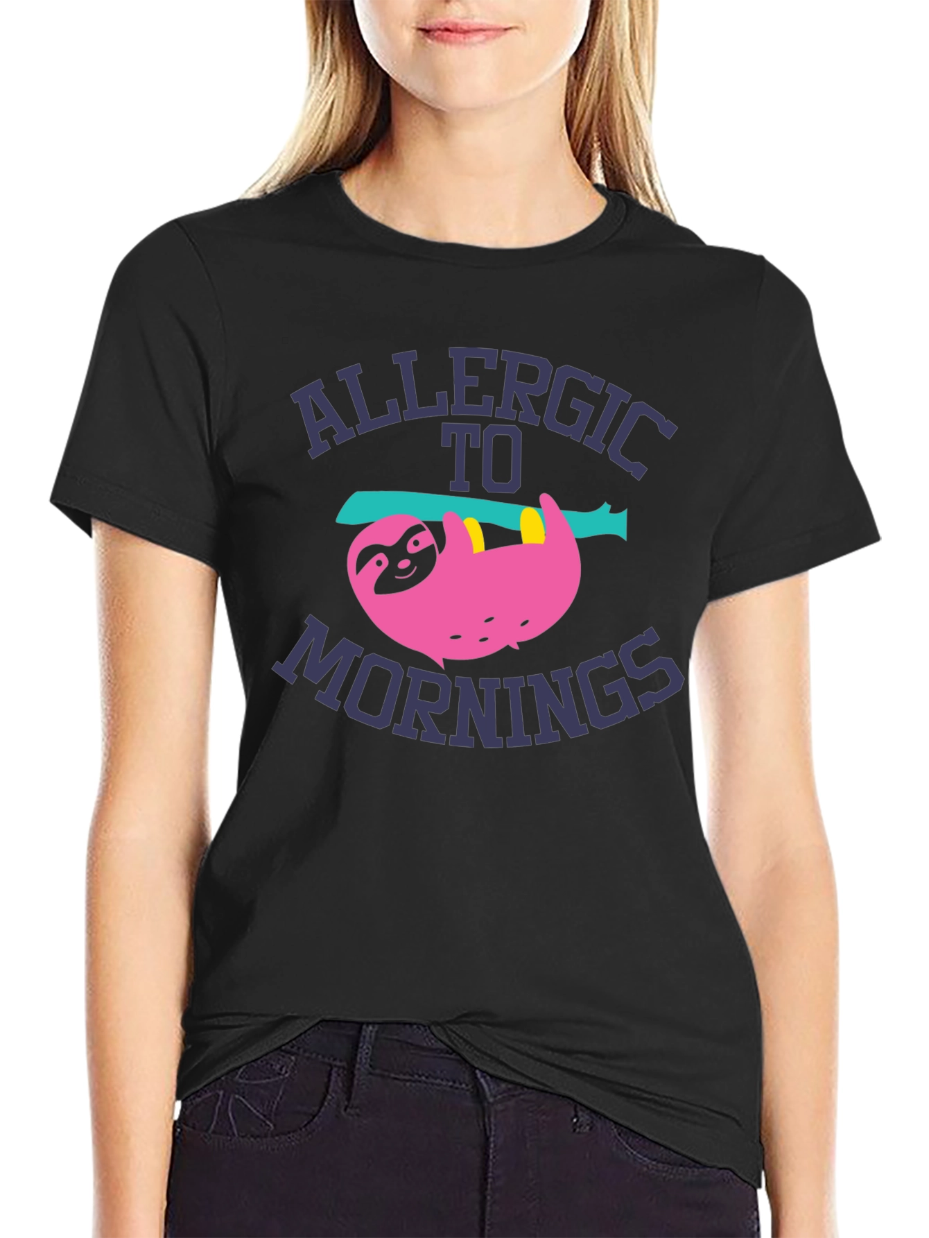Black Allergic to Mornings Sloth Graphic Tee view 2