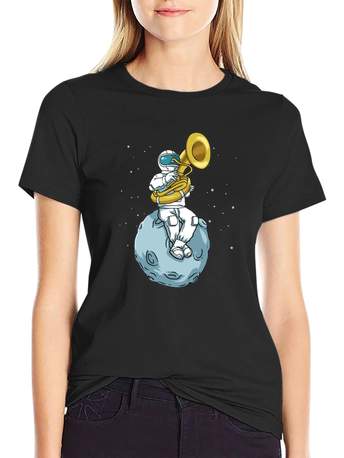 Black Astronaut Tuba Player on Moon T-Shirt view 2