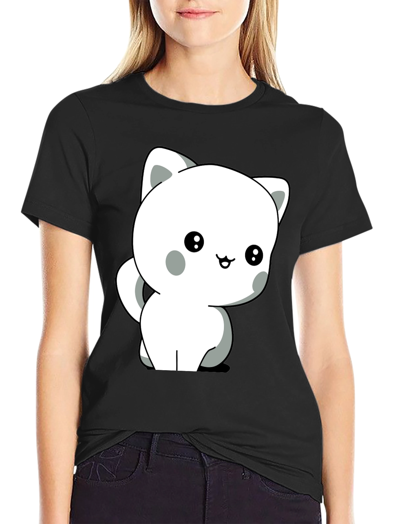 Black Cute Cartoon Cat Graphic Tee - Unisex Soft Cotton T-Shirt view 2