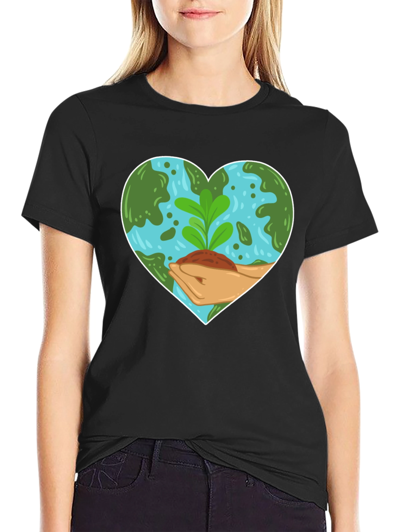 Black Eco Heart T-Shirt: Black, Earth-Loving Design view 2