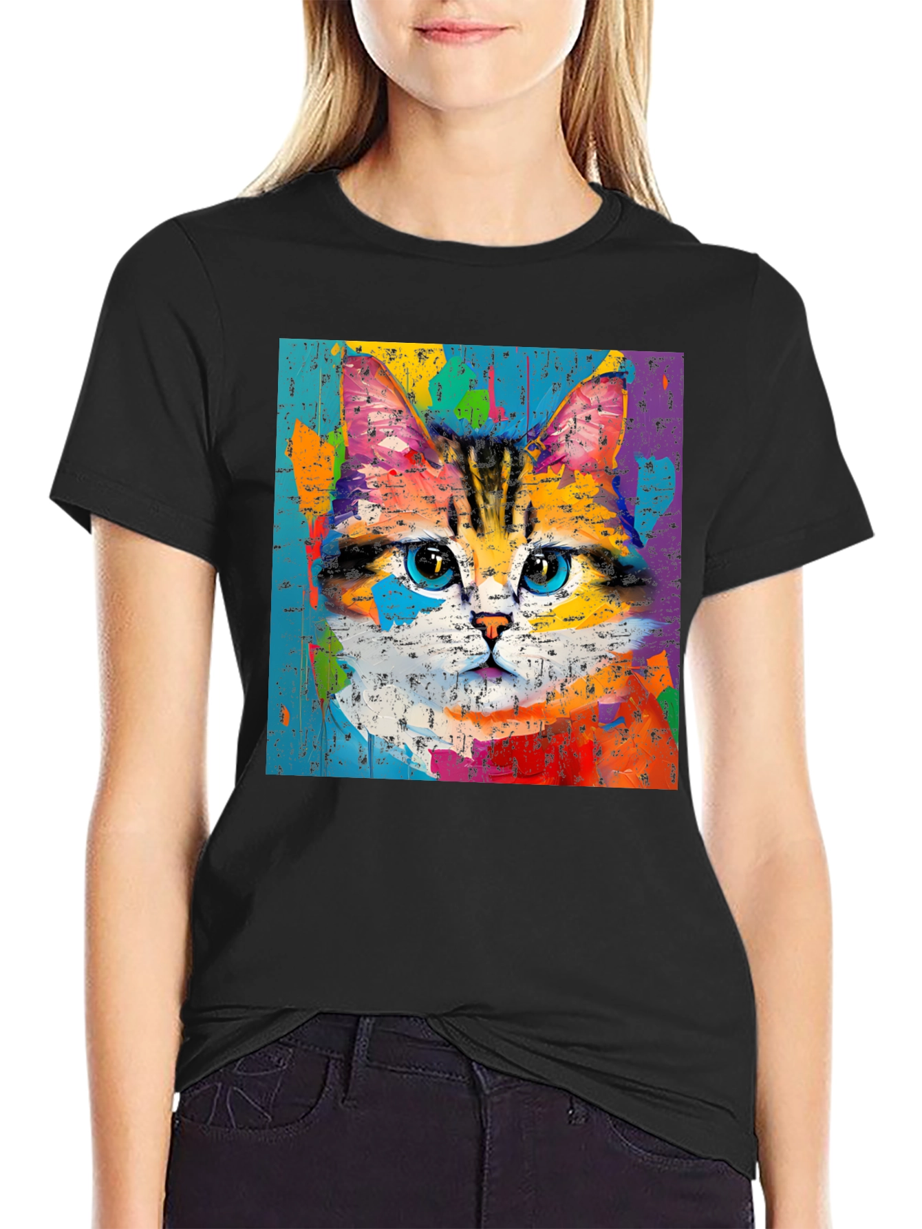 Black Colorful Cat Art T-Shirt view 2