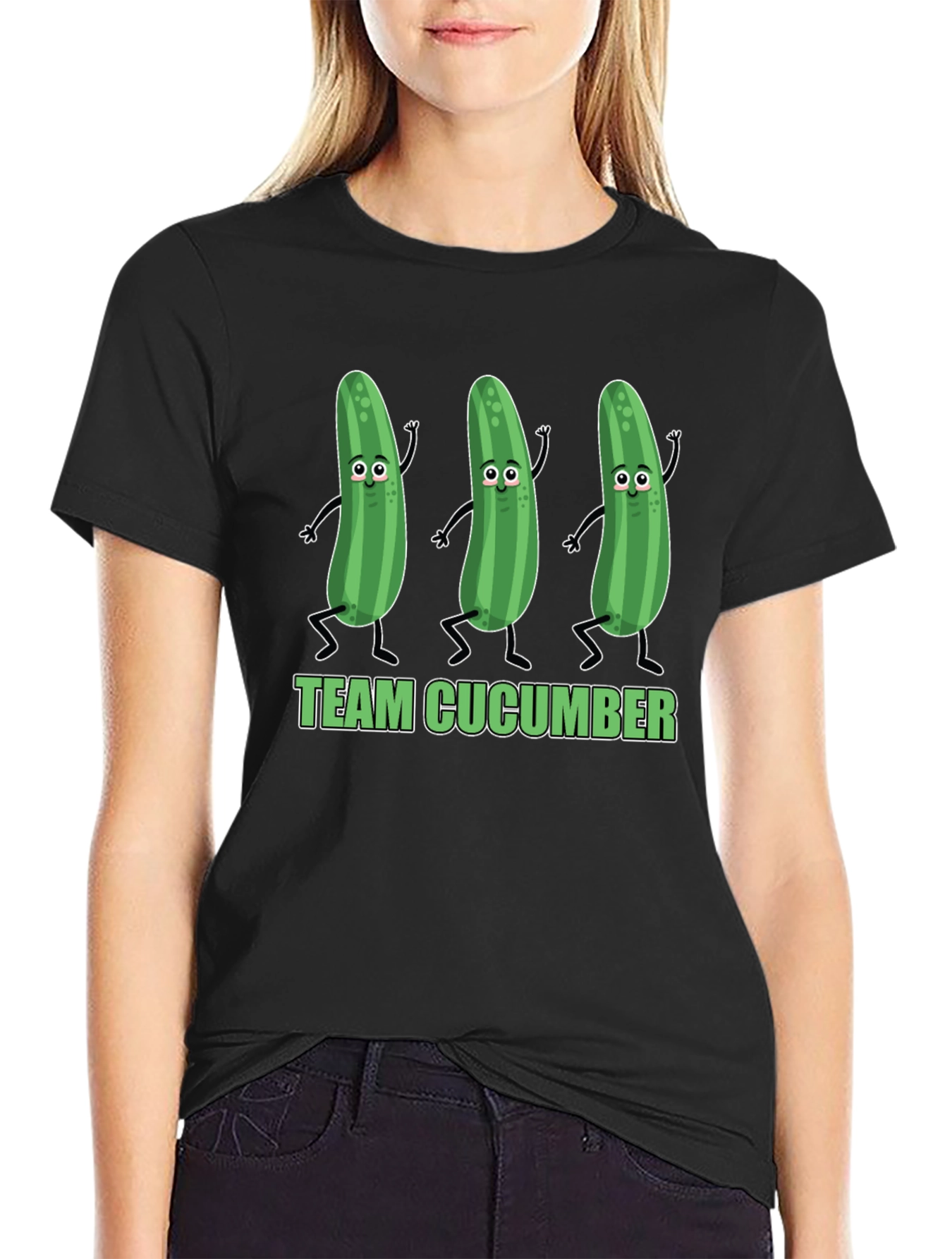 Black Funny Team Cucumber Graphic Print T-Shirt view 2