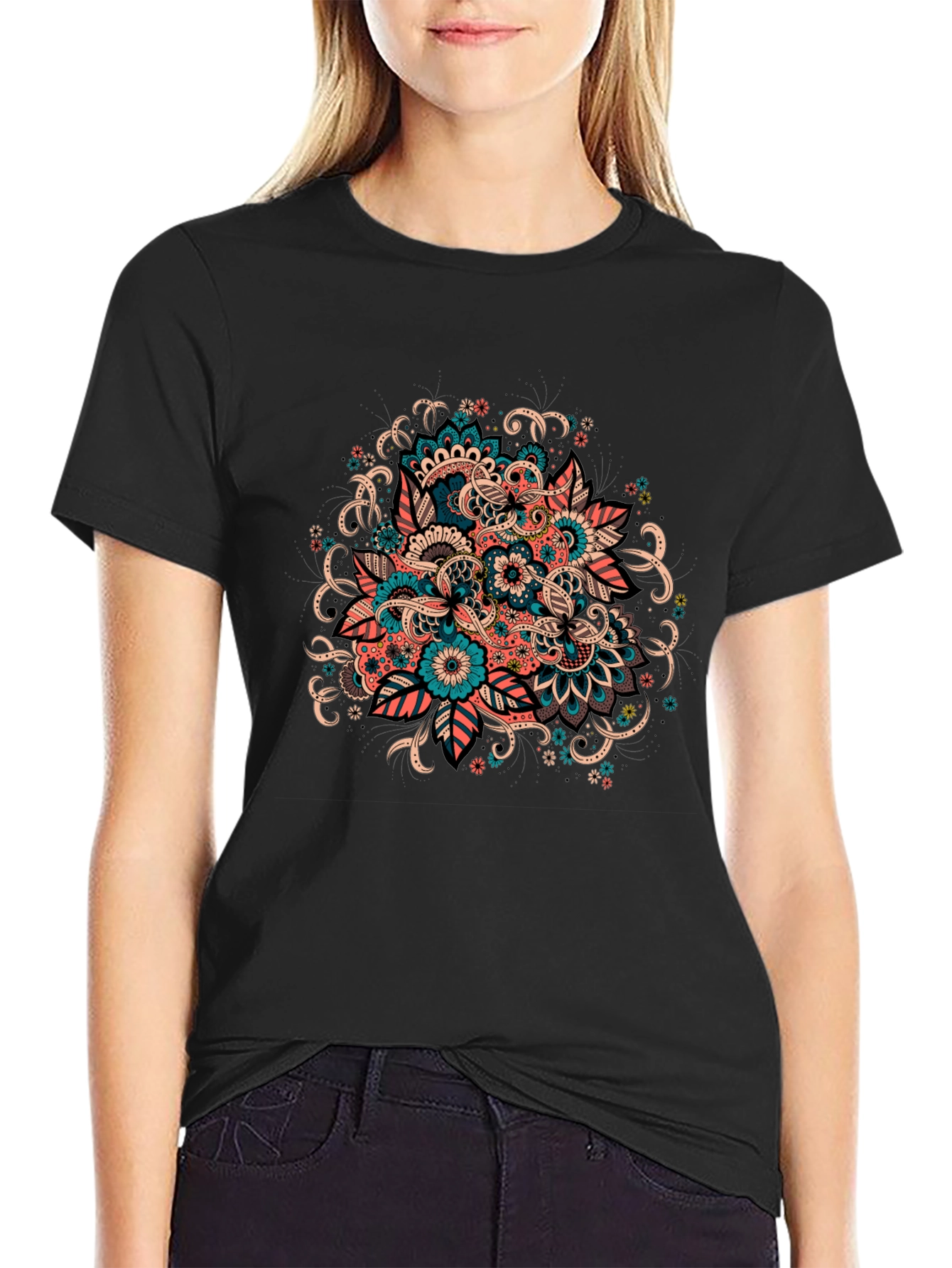 Black Floral Mandala Graphic Tee - Black Cotton T-Shirt view 2