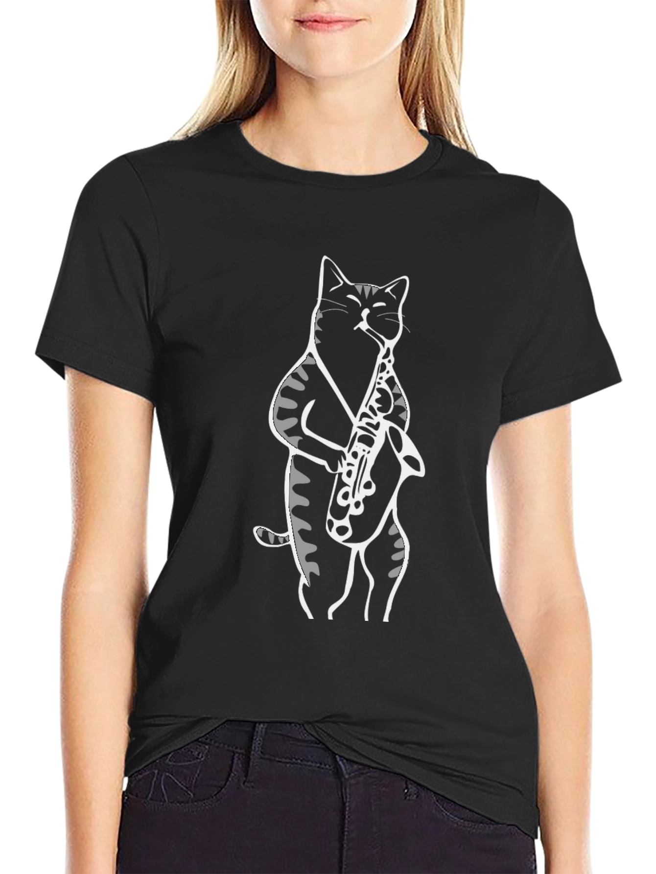 Black Cat Saxophone Player Graphic T-Shirt view 2