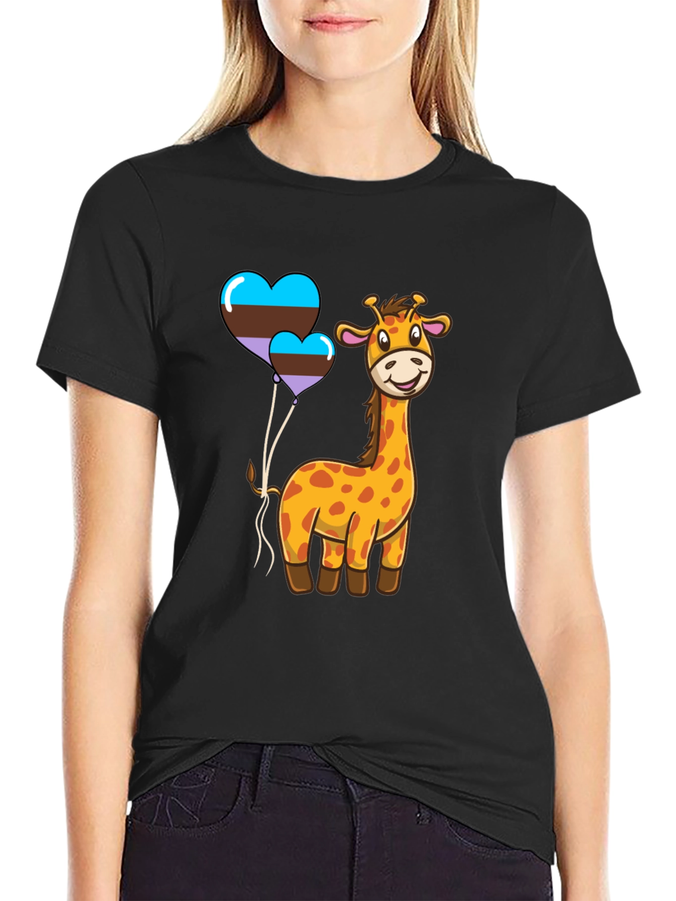 Black Cute Giraffe & Hearts T-Shirt view 2