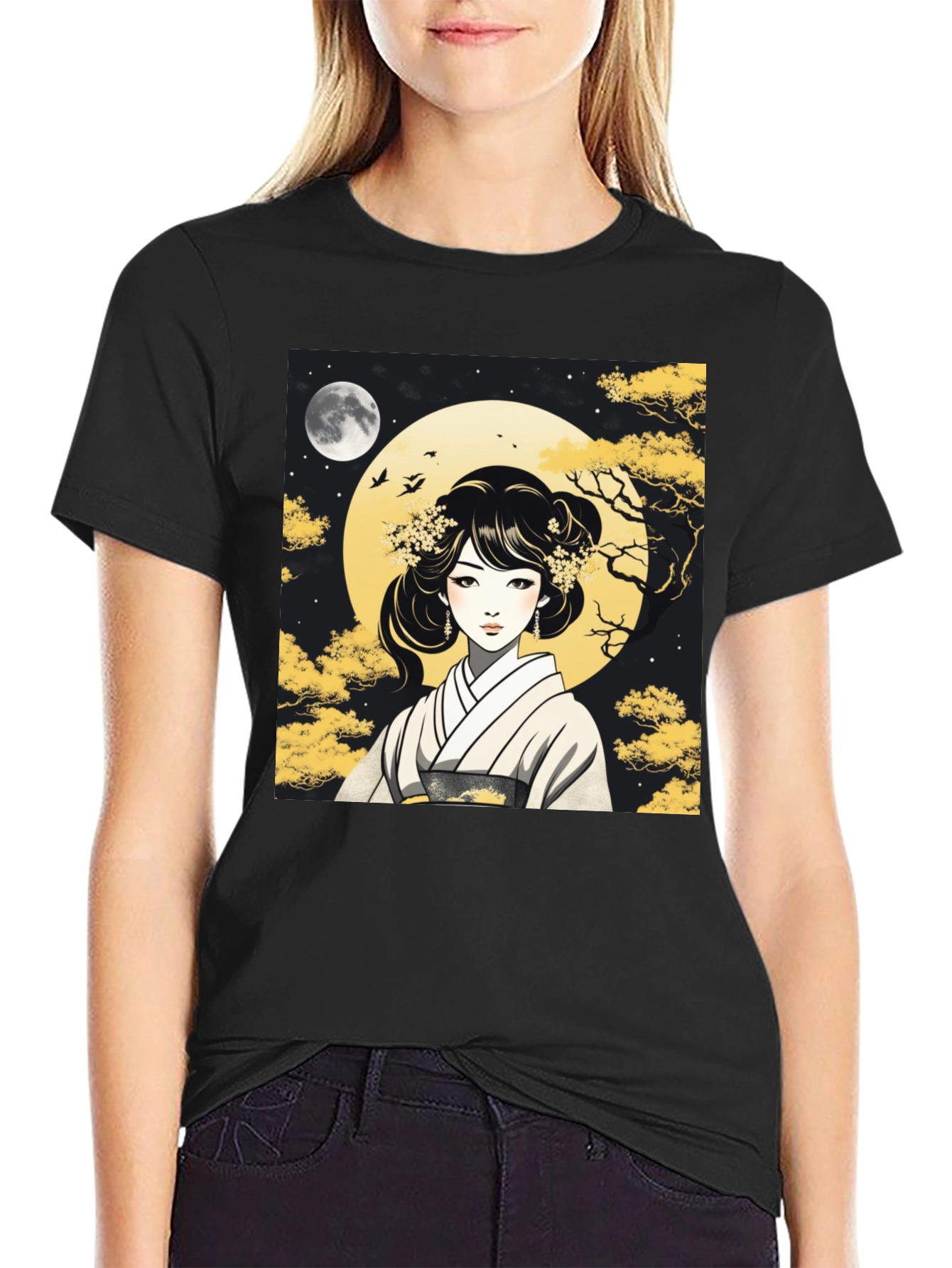 Black Asian Woman T-Shirt - Moonlit Kimono Design view 2