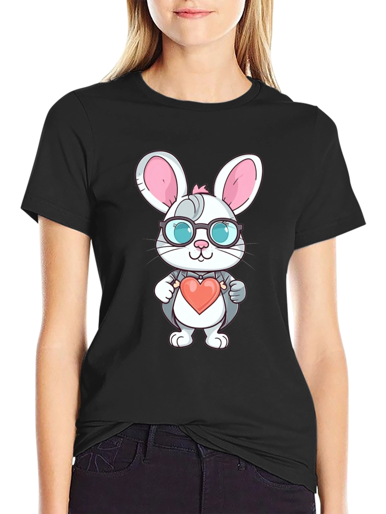 Cute Bunny Heart Valentine's Black T-Shirt - 2