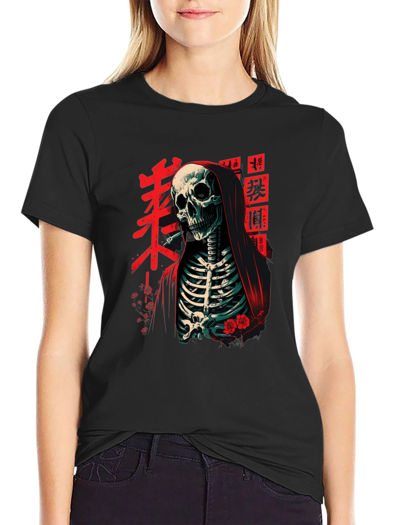 Black Grim Reaper Tee - Japanese Skeleton Graphic T-Shirt view 2