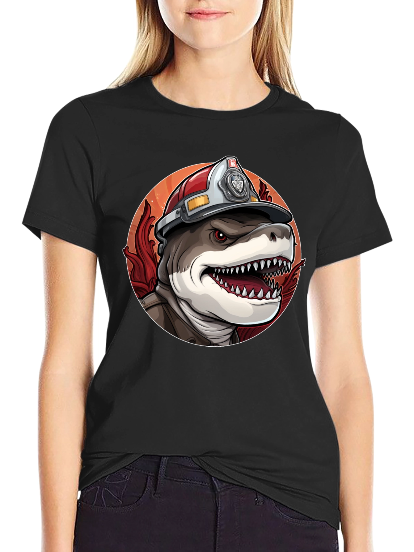 Black Firefighter Shark T-Shirt - Quirky Graphic Tee view 2