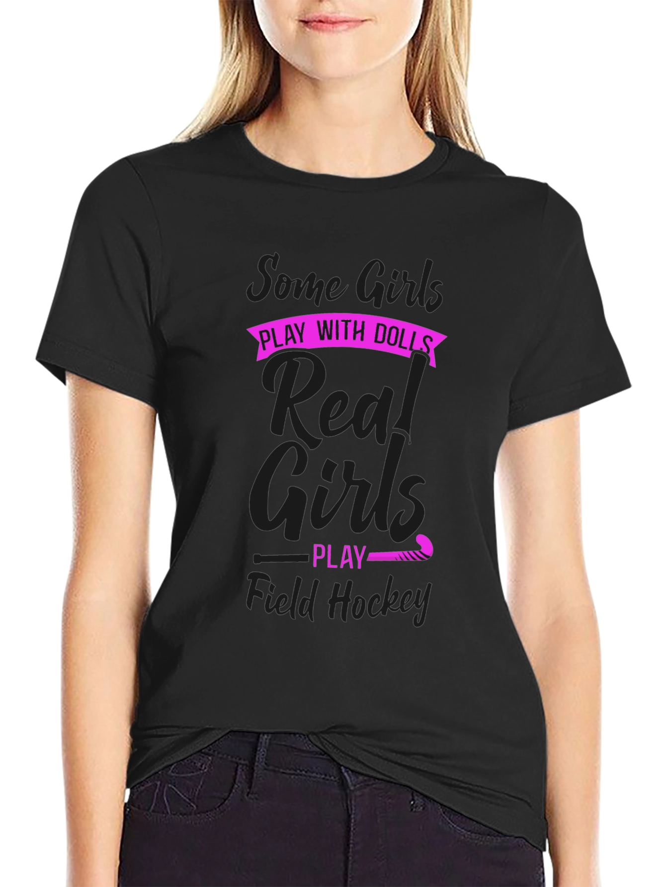 Black Field Hockey Girl's T-Shirt - Some Girls Play with Dolls view 2