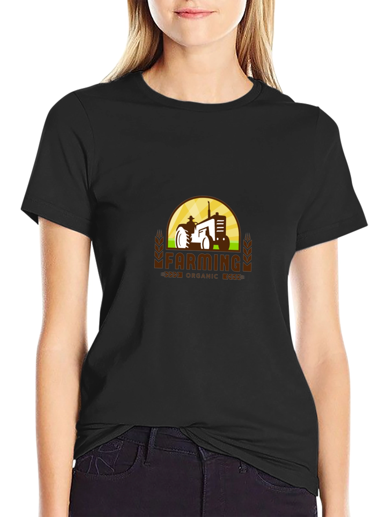 Black Farming Organic Tractor Graphic T-Shirt view 2