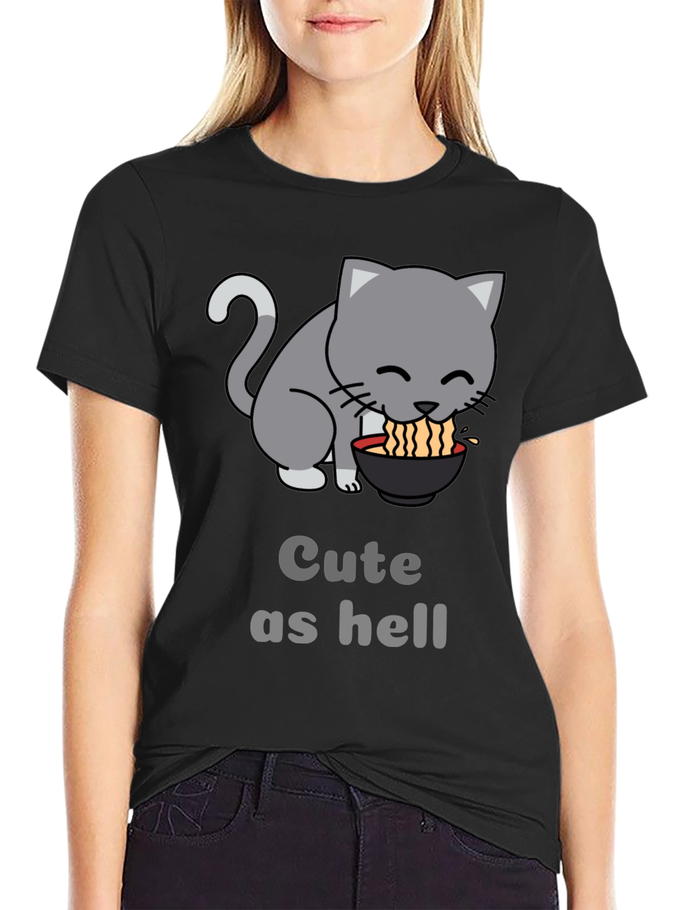 Black Cute Cat Ramen T-Shirt - Funny Anime Style Tee view 2