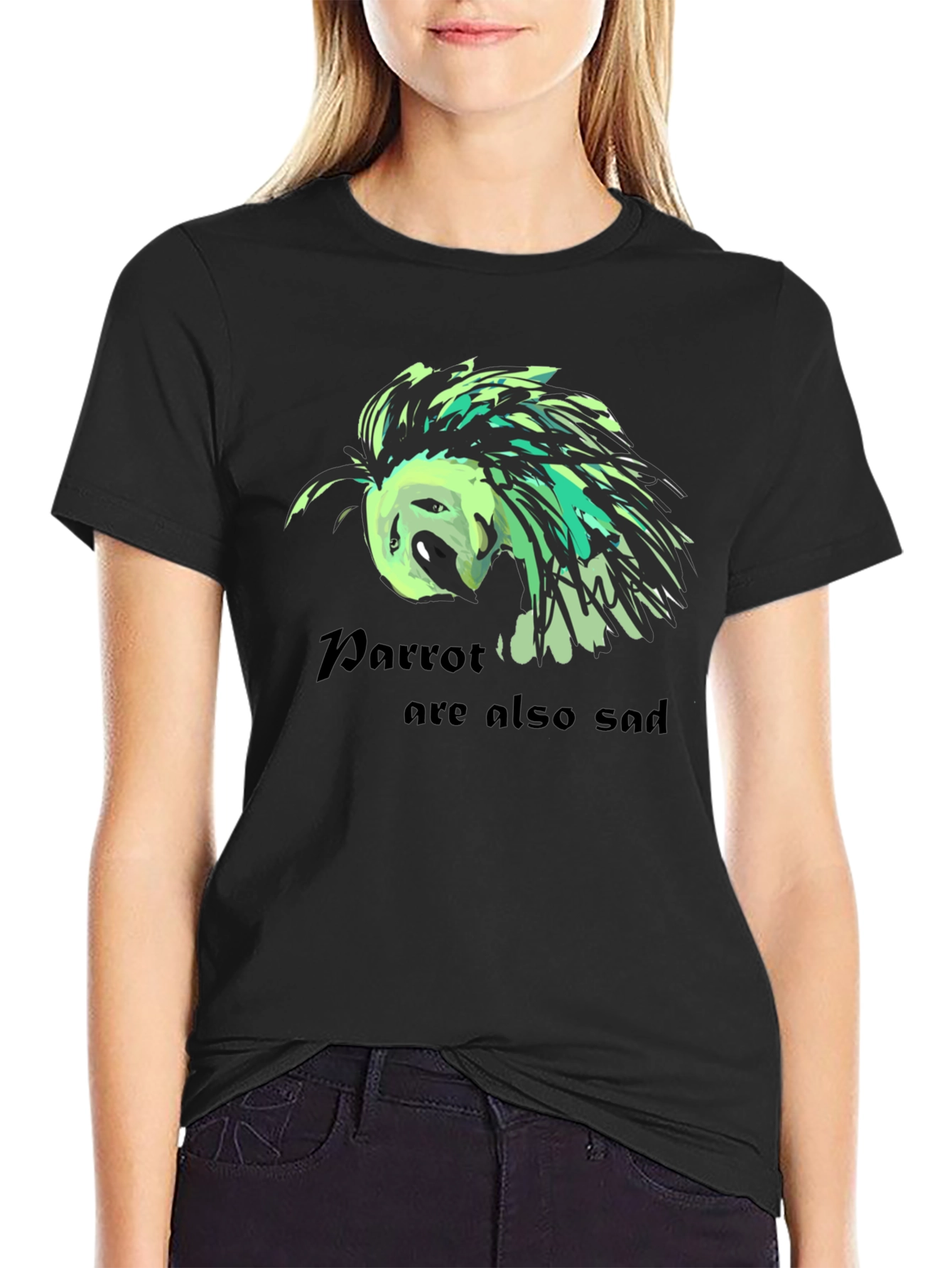 Black Sad Parrot Graphic Tee - Unisex Black T-Shirt view 2