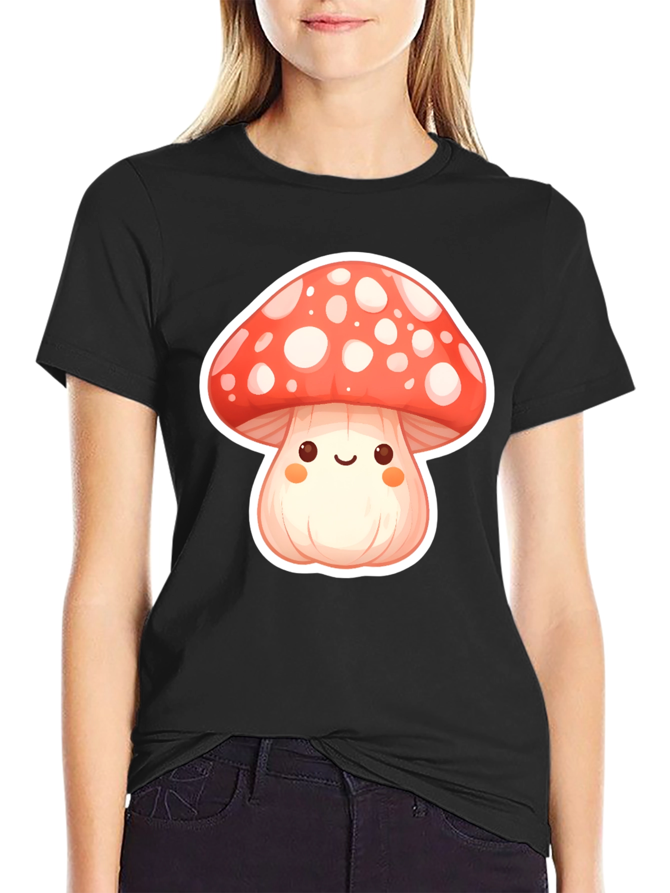 Black Cute Mushroom Graphic Tee - Soft Black Cotton T-Shirt view 2