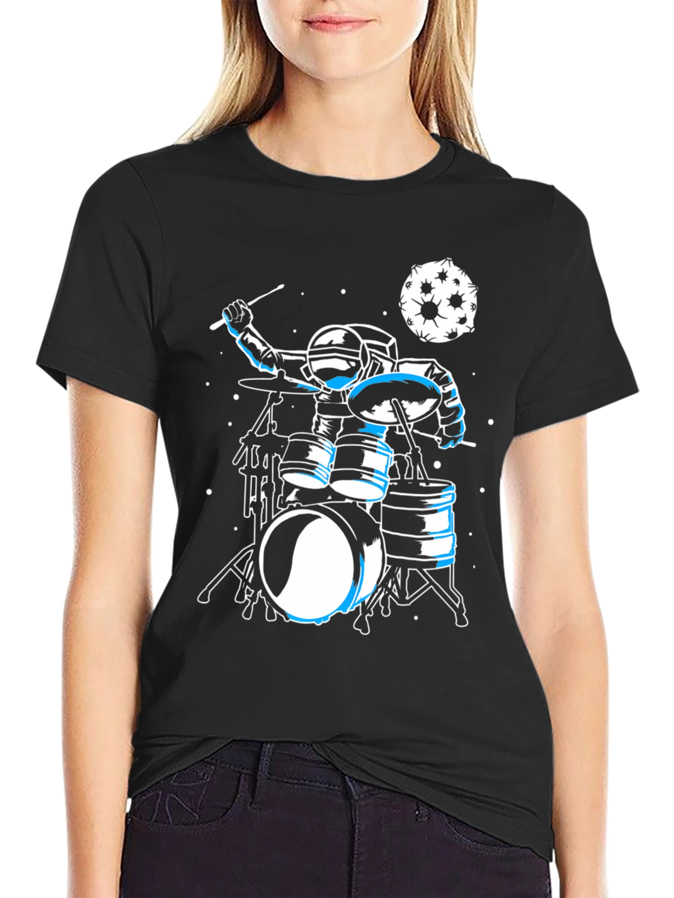 Black Astronaut Drummer Graphic Tee - Space Music Shirt view 2