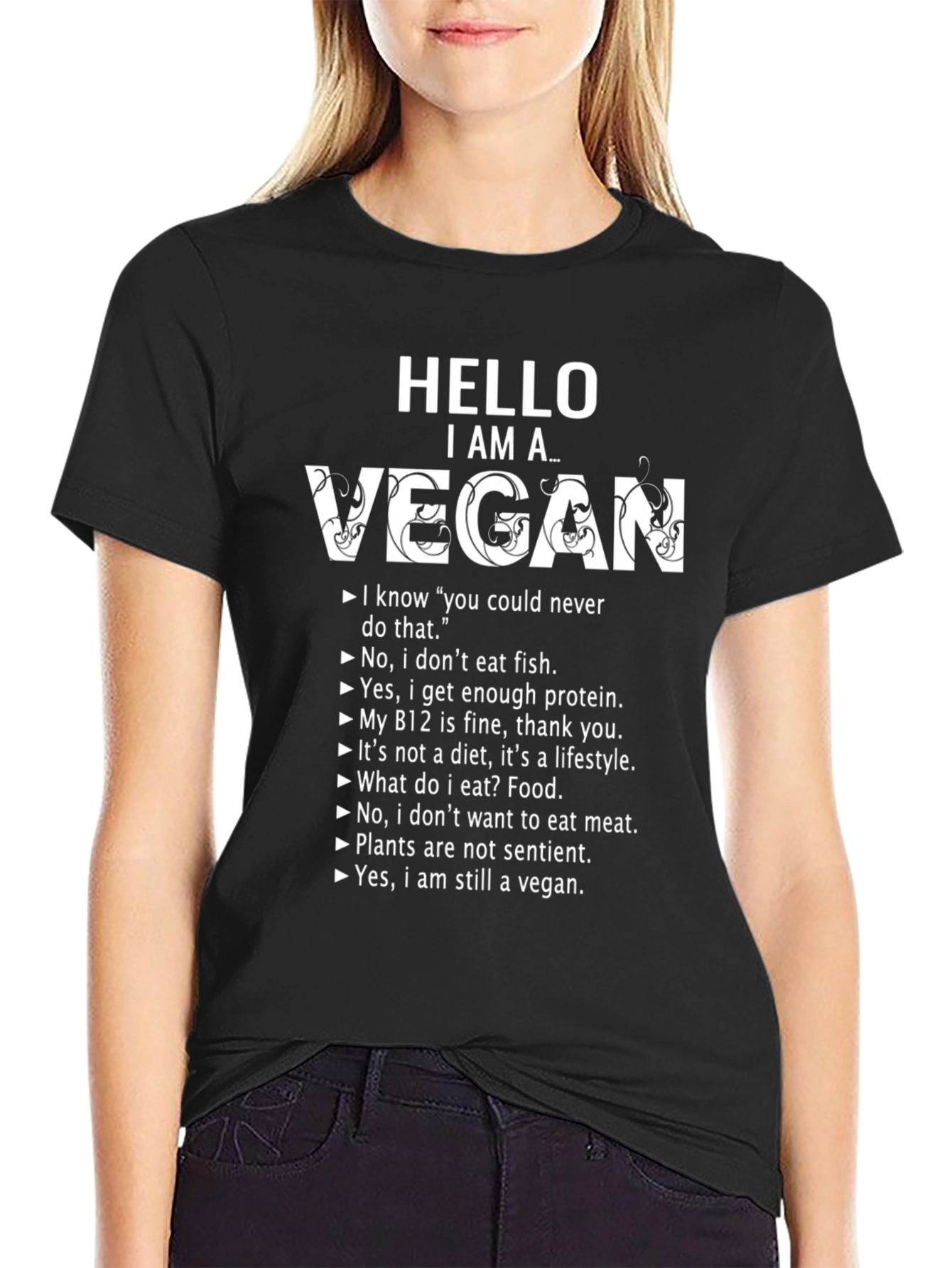 Black Hello I am a Vegan T-Shirt - Funny Vegan Lifestyle Tee view 2
