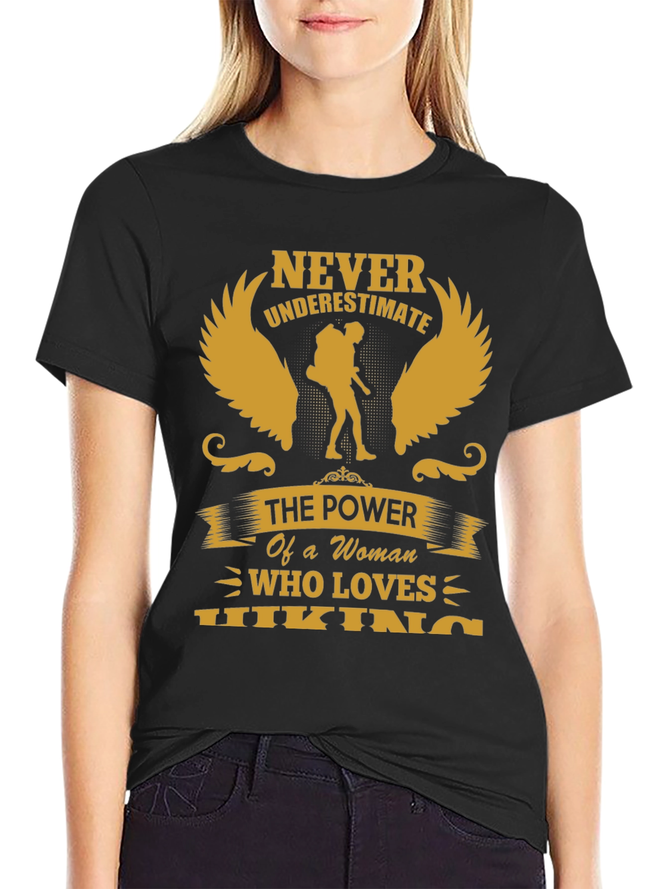 Black Never Underestimate Hiking Woman T-Shirt view 2