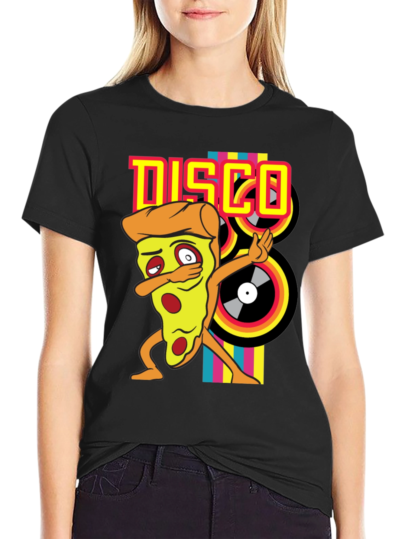 Black Disco Pizza T-Shirt - Unique Graphic Tee view 2