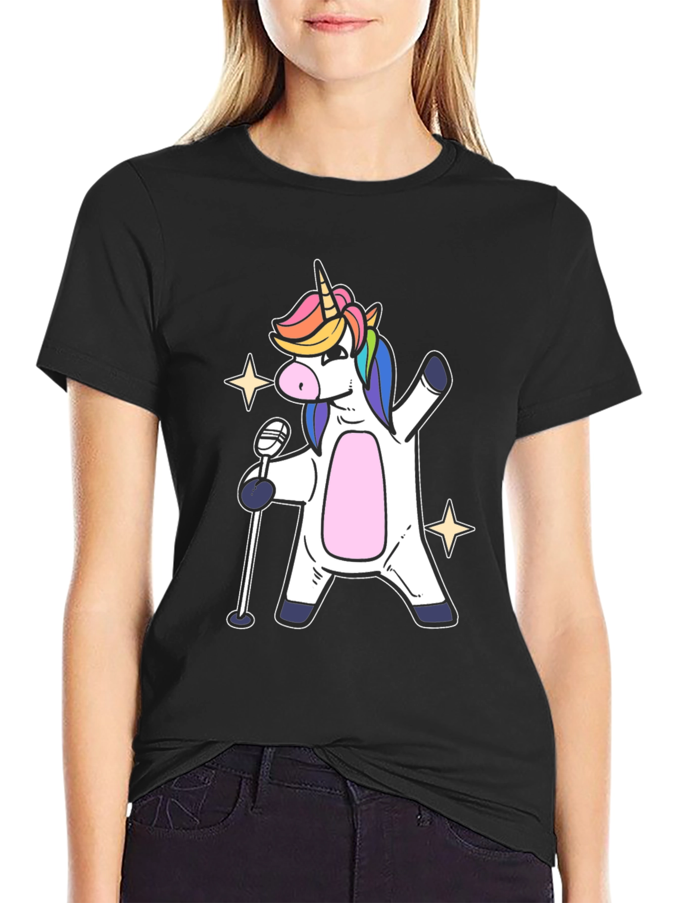 Black Unicorn Singer Graphic T-Shirt - Black Cotton Tee view 2