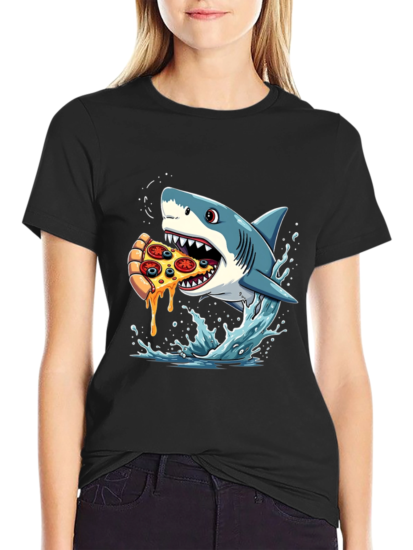 Black Shark Pizza T-Shirt Funny Graphic Tee view 2