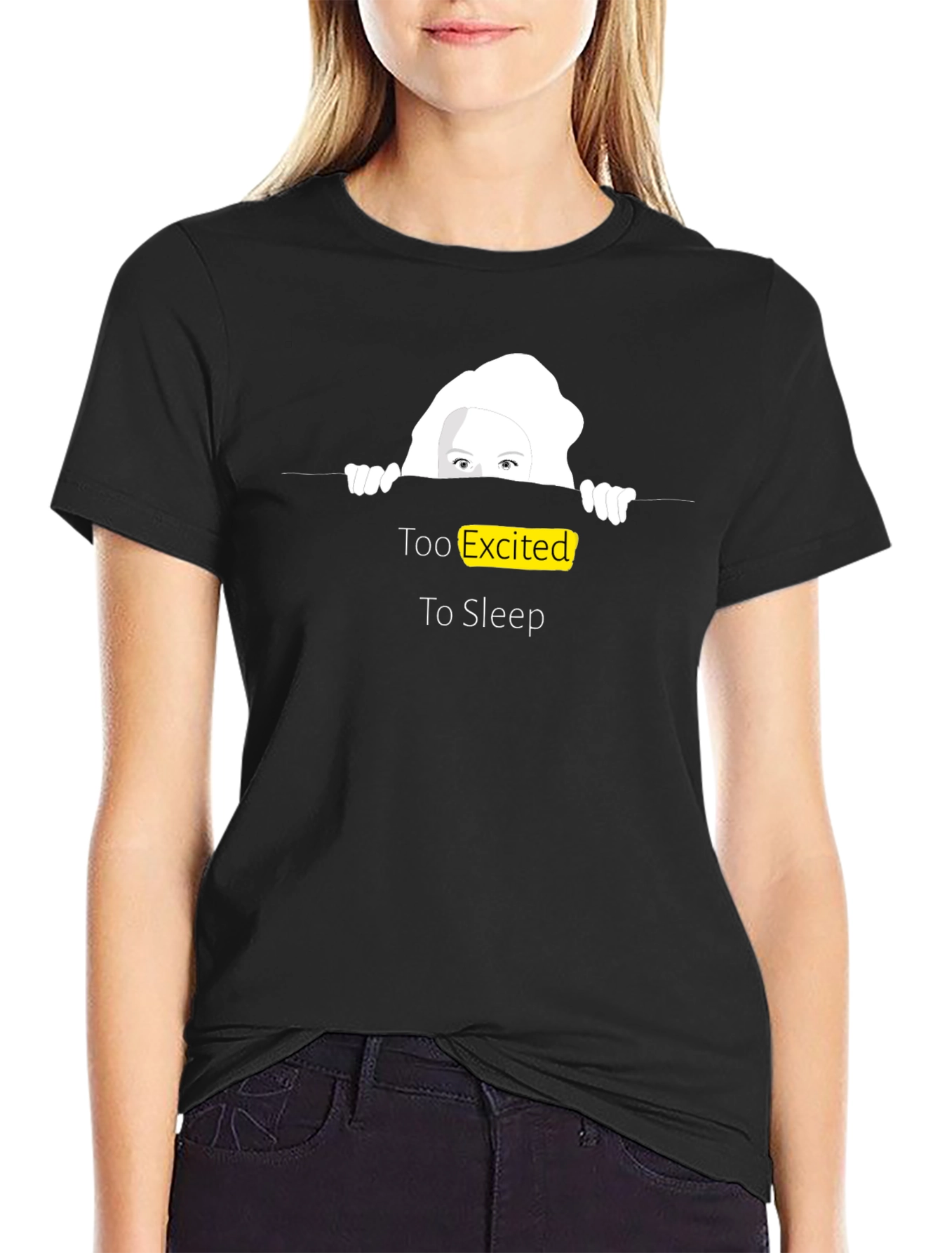 Black Too Excited to Sleep T-Shirt, Fun Graphic Tee view 2